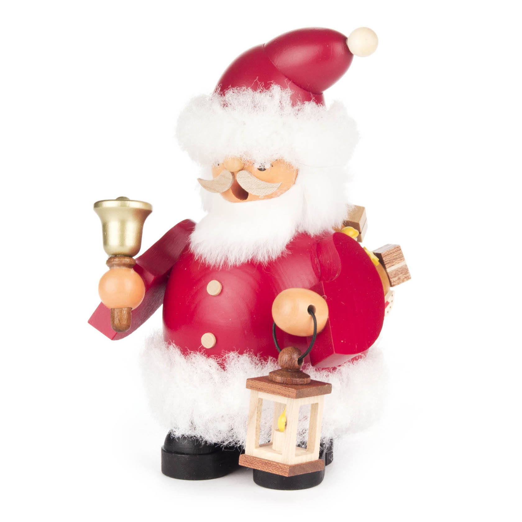 A traditional German incense smoker figurine of Santa Claus, holding a bell and a lantern, wearing red attire and a fluffy white beard. im Dregeno Online Shop günstig kaufen