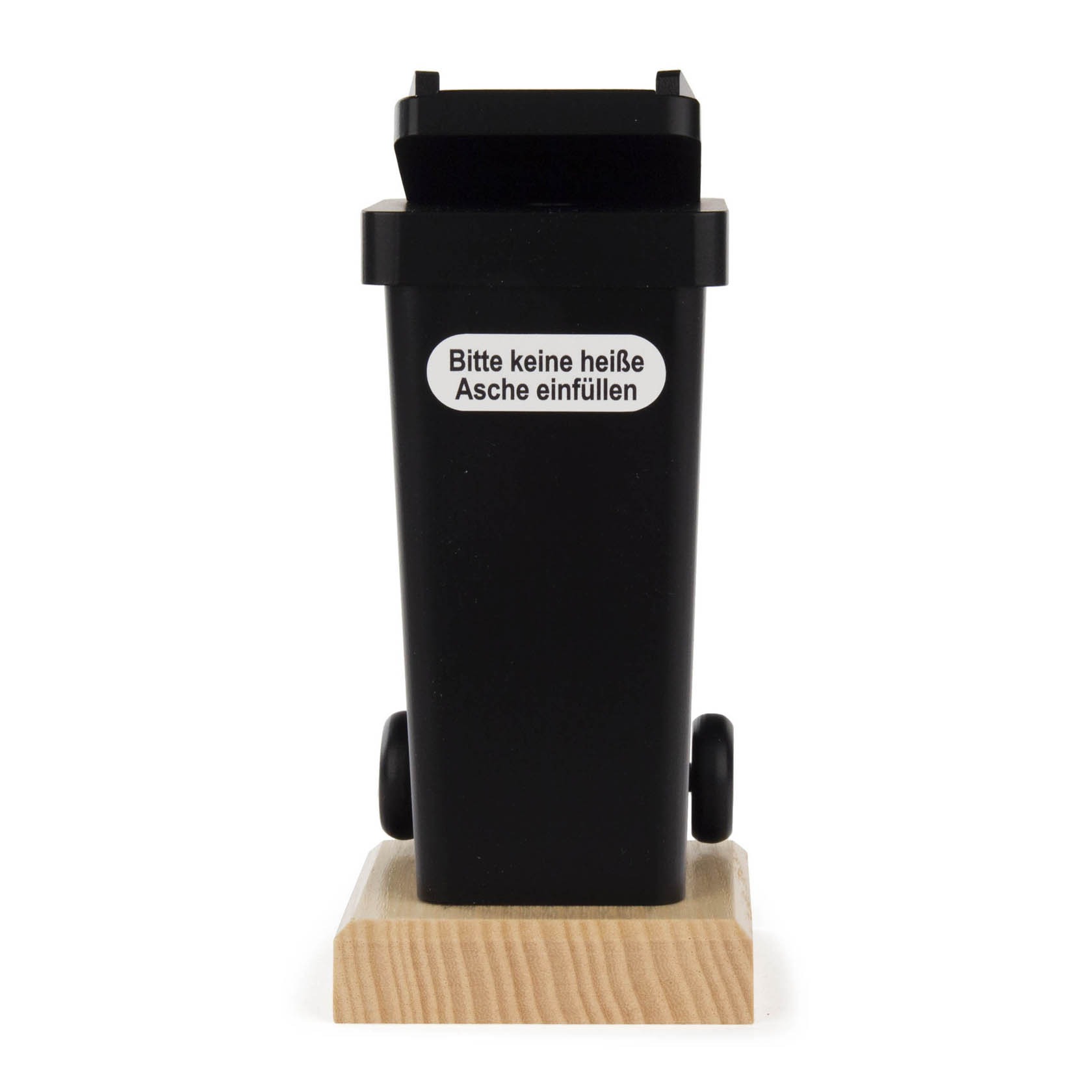 Schwarze Räucherfigur in Form einer Mülltonne mit der Aufschrift 'Bitte keine heiße Asche einfüllen', steht auf einem Holzsockel.