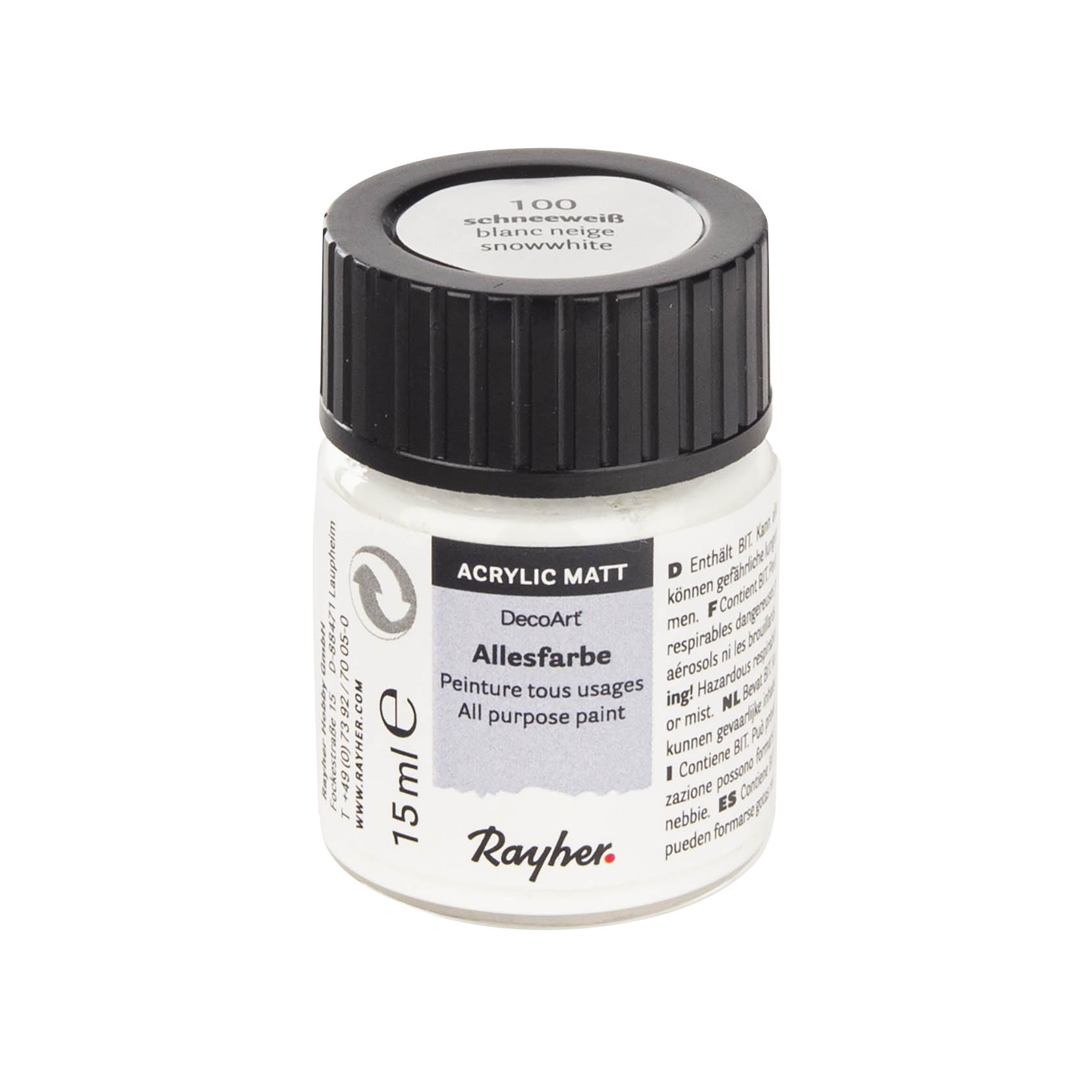 Ein kleines Fläschchen Rayher Allesfarbe in der Farbe Schneeweiß, 15 ml, mit schwarzem Schraubverschluss. im Dregeno Online Shop günstig kaufen