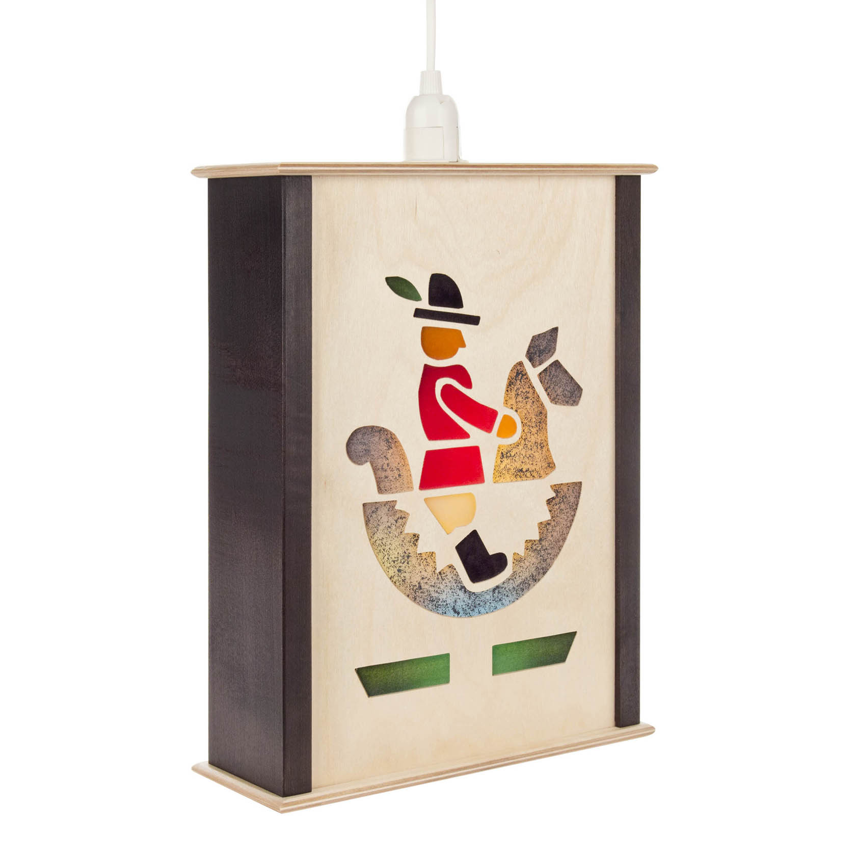 A rectangular wooden lantern featuring a cut-out silhouette of a rider on a rocking horse, illuminated from within.