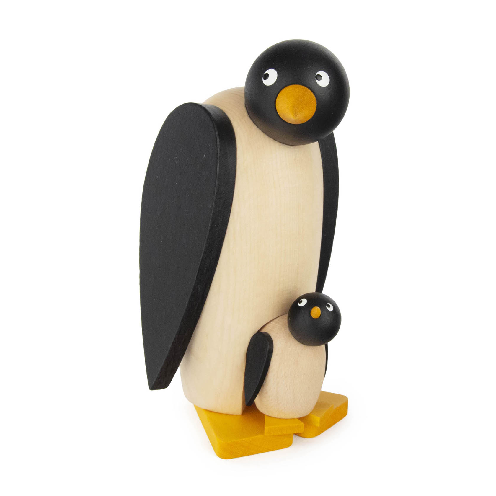 Holzskulptur eines großen und eines kleinen Pinguins, der große Pinguin hat schwarze Flügel und Kopf, der kleine lehnt sich an ihn. im Dregeno Online Shop günstig kaufen