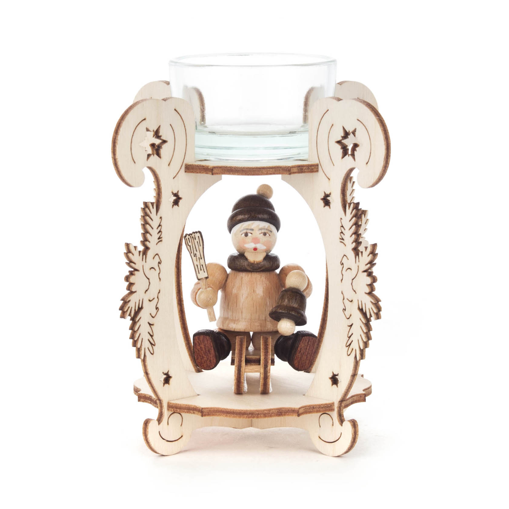 Holzteelichthalter mit eingearbeitetem Weihnachtsmann auf einem Schlitten, verziert mit Sternen und Ornamenten. Oben sitzt ein Glas für ein Teelicht. im Dregeno Online Shop günstig kaufen