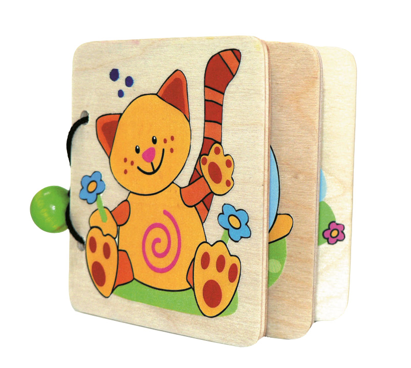 Colorful wooden picture book featuring a smiling cartoon orange cat with pink cheeks, a striped tail, and holding a flower. im Dregeno Online Shop günstig kaufen