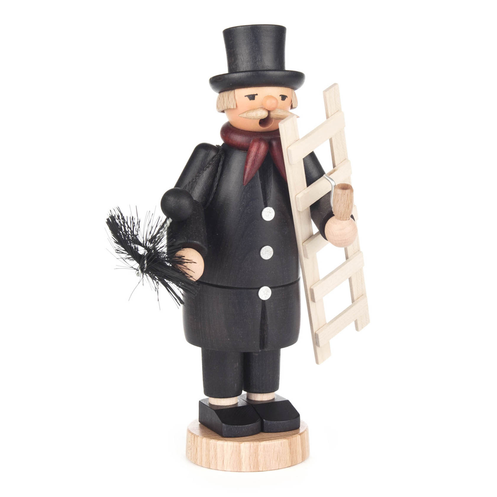 A wooden smoker figure of a chimney sweep holding a ladder in one hand and a chimney brush in the other, dressed in traditional black attire with a top hat and red scarf. im Dregeno Online Shop günstig kaufen