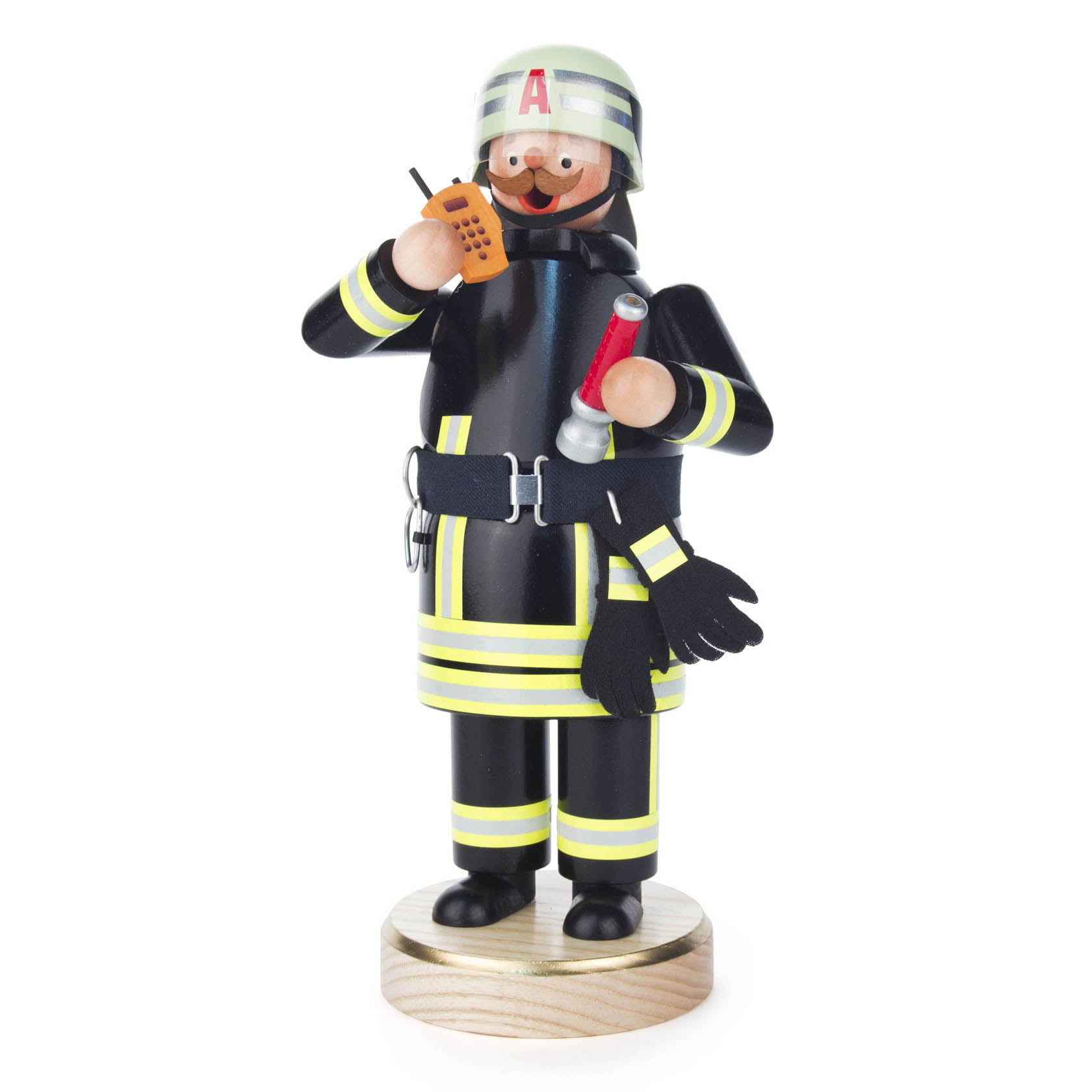 A modern firefighter smoker figure with a helmet, holding a walkie-talkie and a fire extinguisher, wearing a black uniform with reflective yellow stripes. im Dregeno Online Shop günstig kaufen