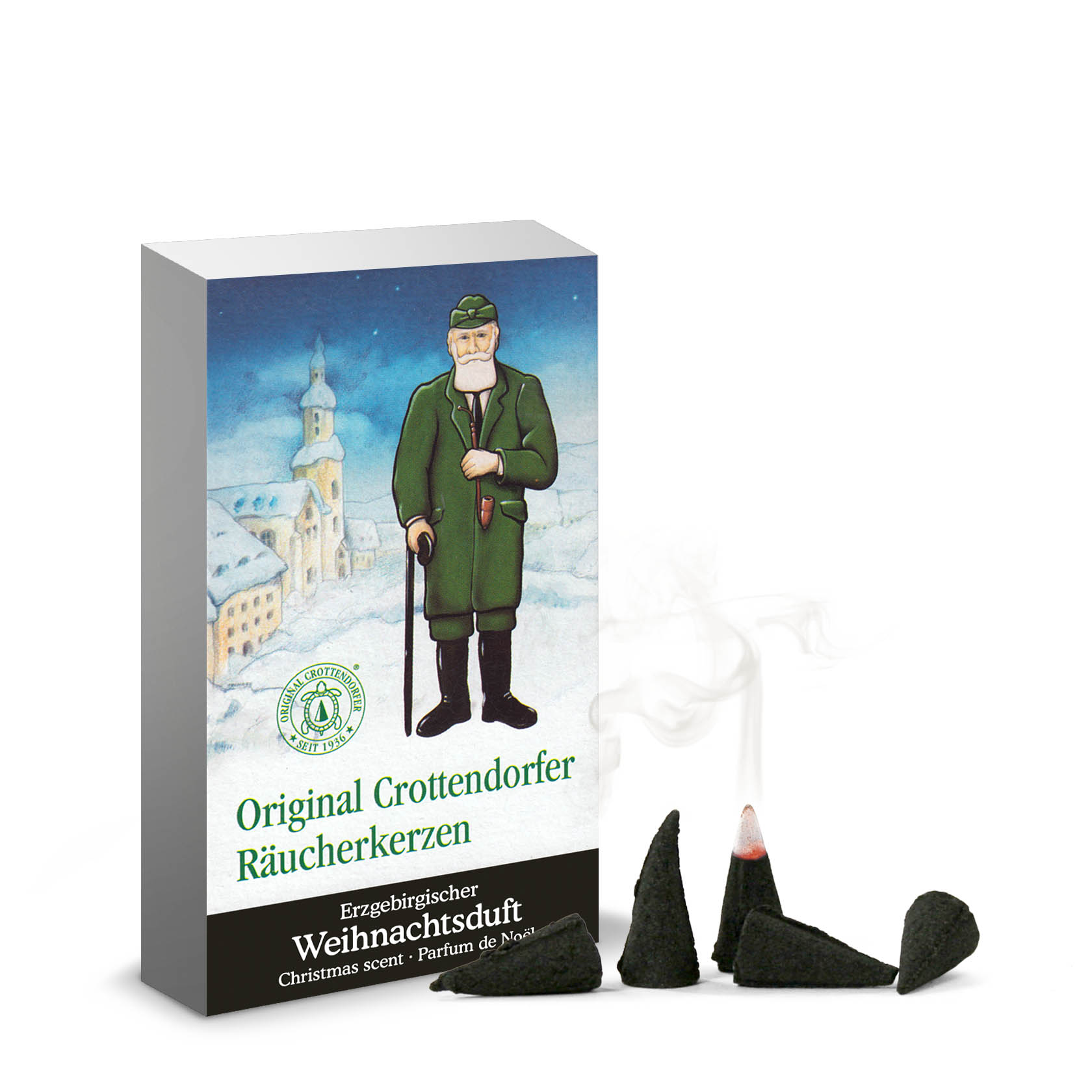 Packung Crottendorfer Räucherkerzen Weihnachtsduft mit Räuchermännchen, davor stehen angezündete und nicht angezündete grüne Räucherkerzen in Kegelform. im Dregeno Online Shop günstig kaufen