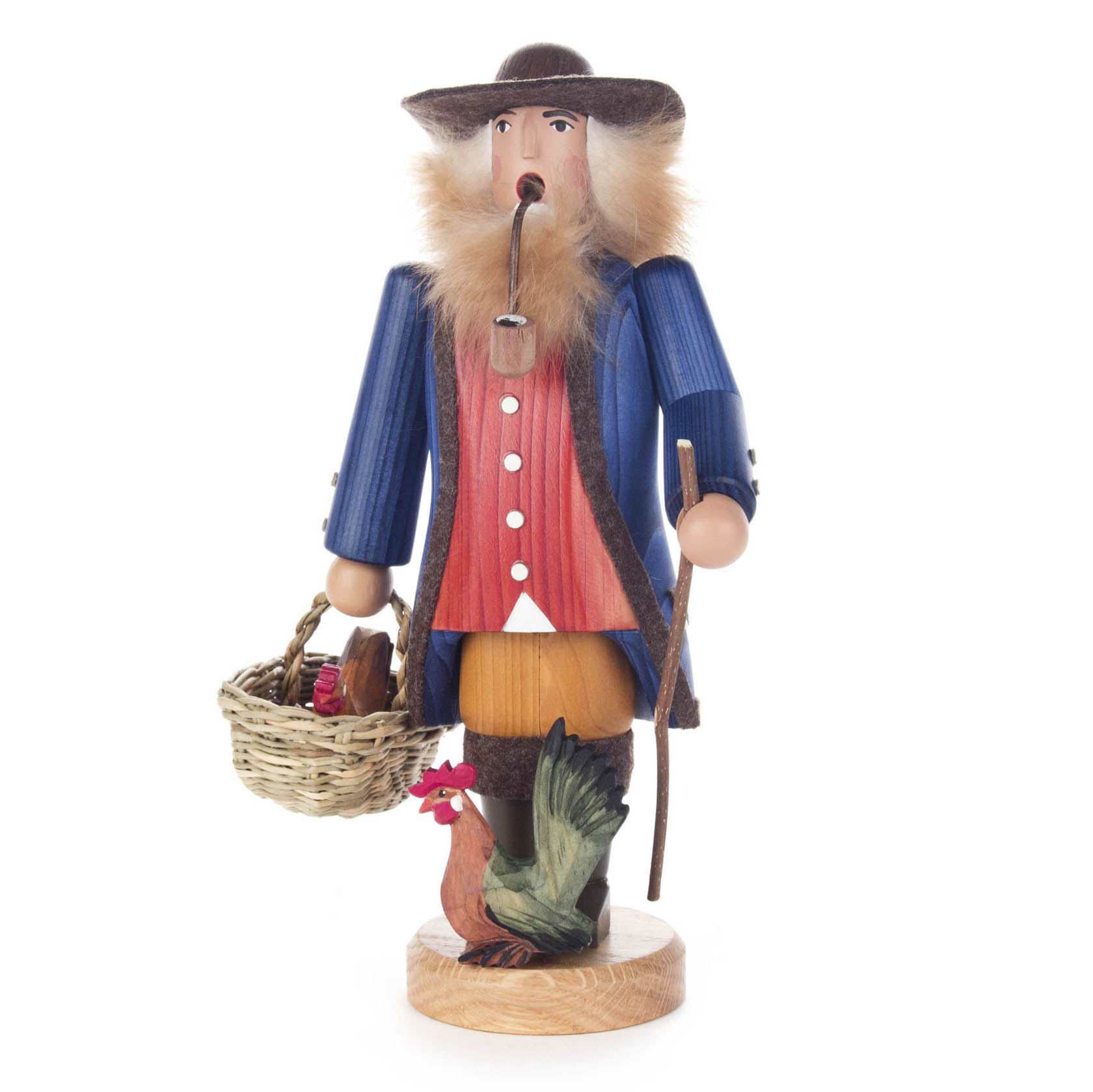 Holzfigur eines Bauern mit Pfeife, in traditioneller Kleidung, einem Korb in der Hand und einem Stock, umgeben von kleinen, geschnitzten Hühnern. im Dregeno Online Shop günstig kaufen