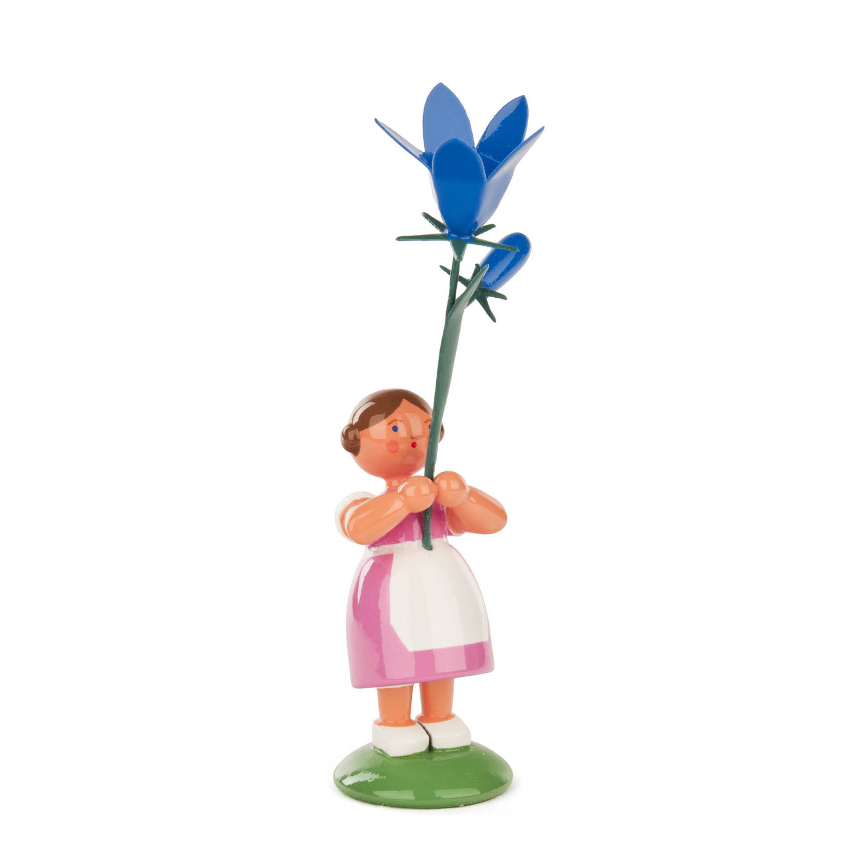 A wooden figurine of a flower girl in a pink dress holding a blue bellflower with a bud. im Dregeno Online Shop günstig kaufen