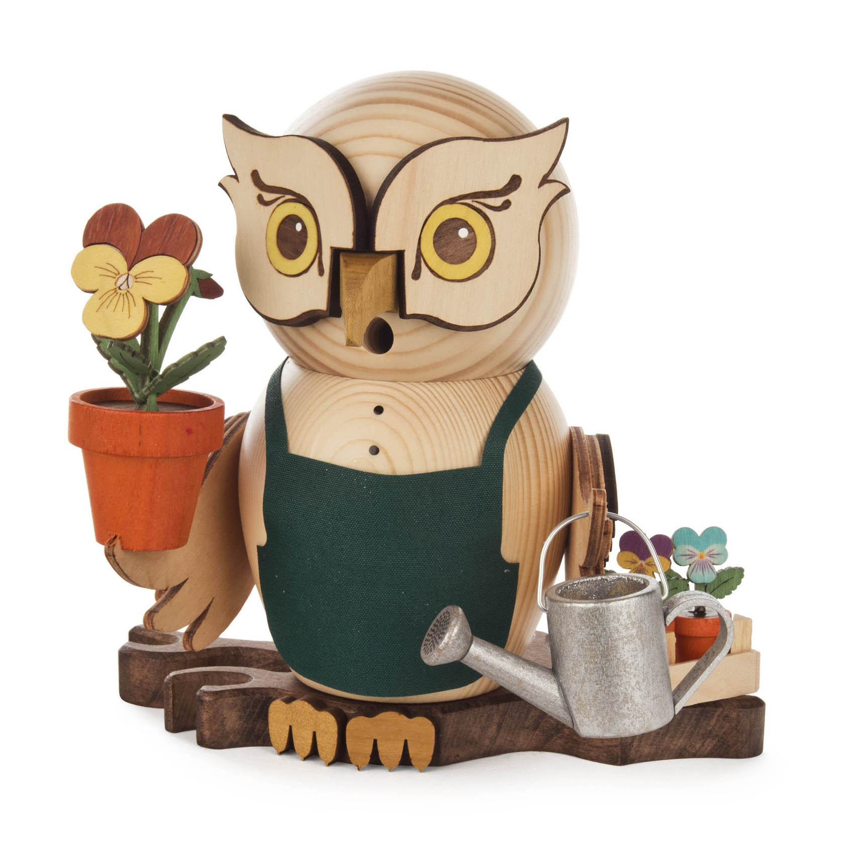 Holzeule in Gärtneraufmachung mit grüner Schürze, hält einen Blumentopf und eine silberne Gießkanne. im Dregeno Online Shop günstig kaufen