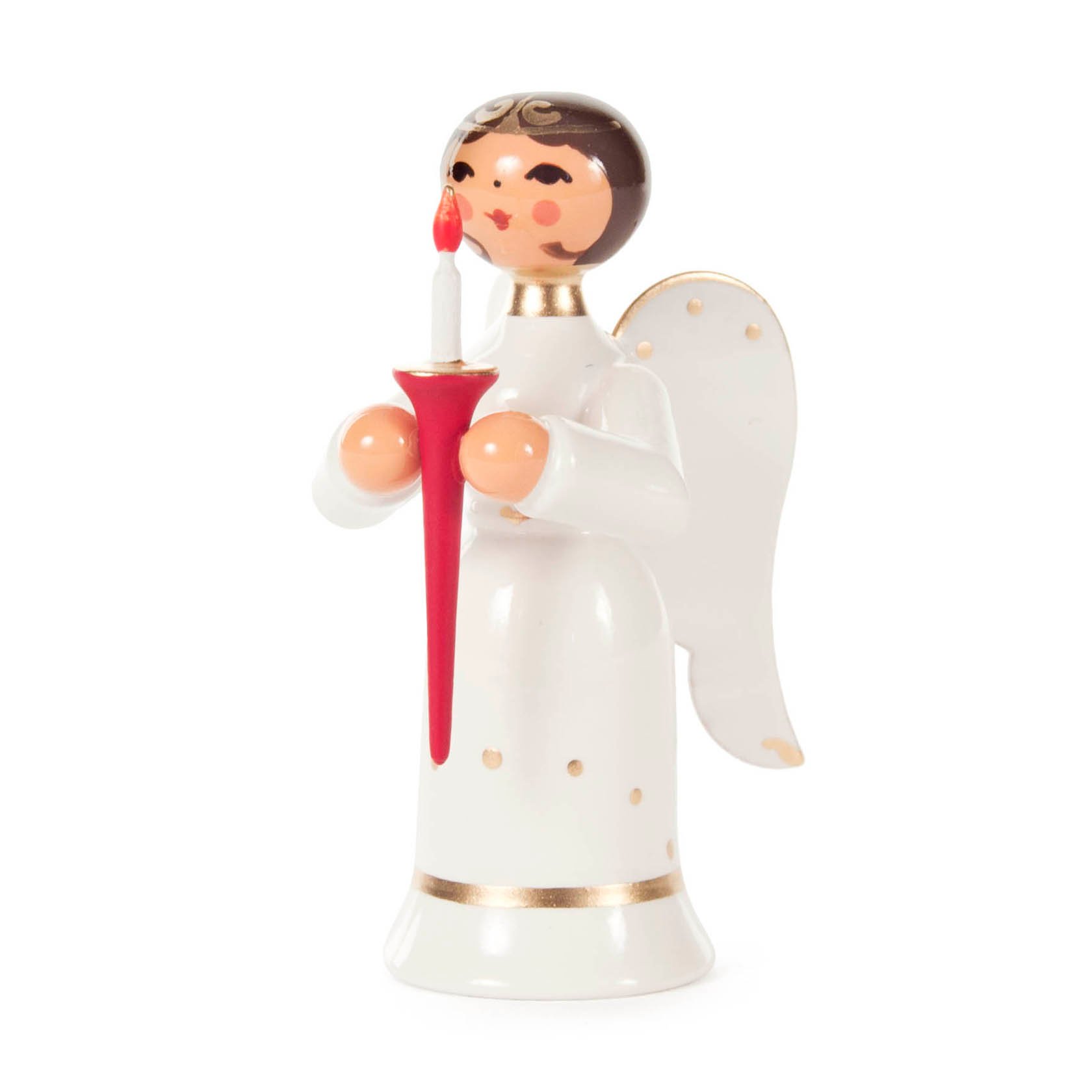 Eine Miniaturfigur eines Engels in weißem Gewand mit goldenen Details, hält eine rote Kerze mit einer kleinen Flamme. im Dregeno Online Shop günstig kaufen