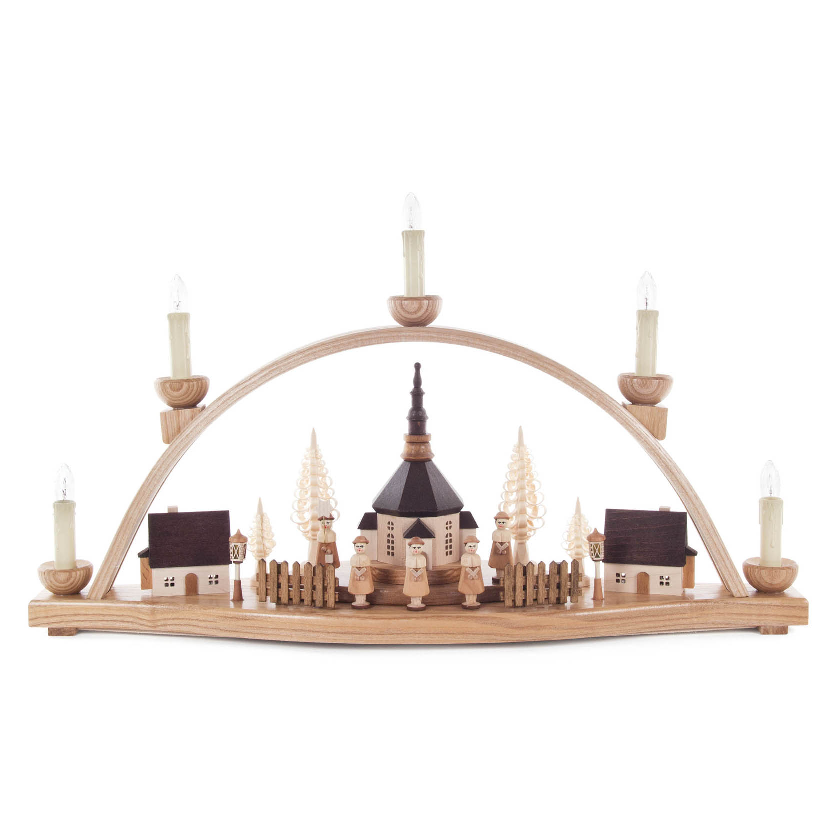Schwibbogen mit Seiffener Dorf und Kurrende, elektrisch beleuchtet, innenbeleuchtete Gebäude und Laternen im Dregeno Online Shop günstig kaufen