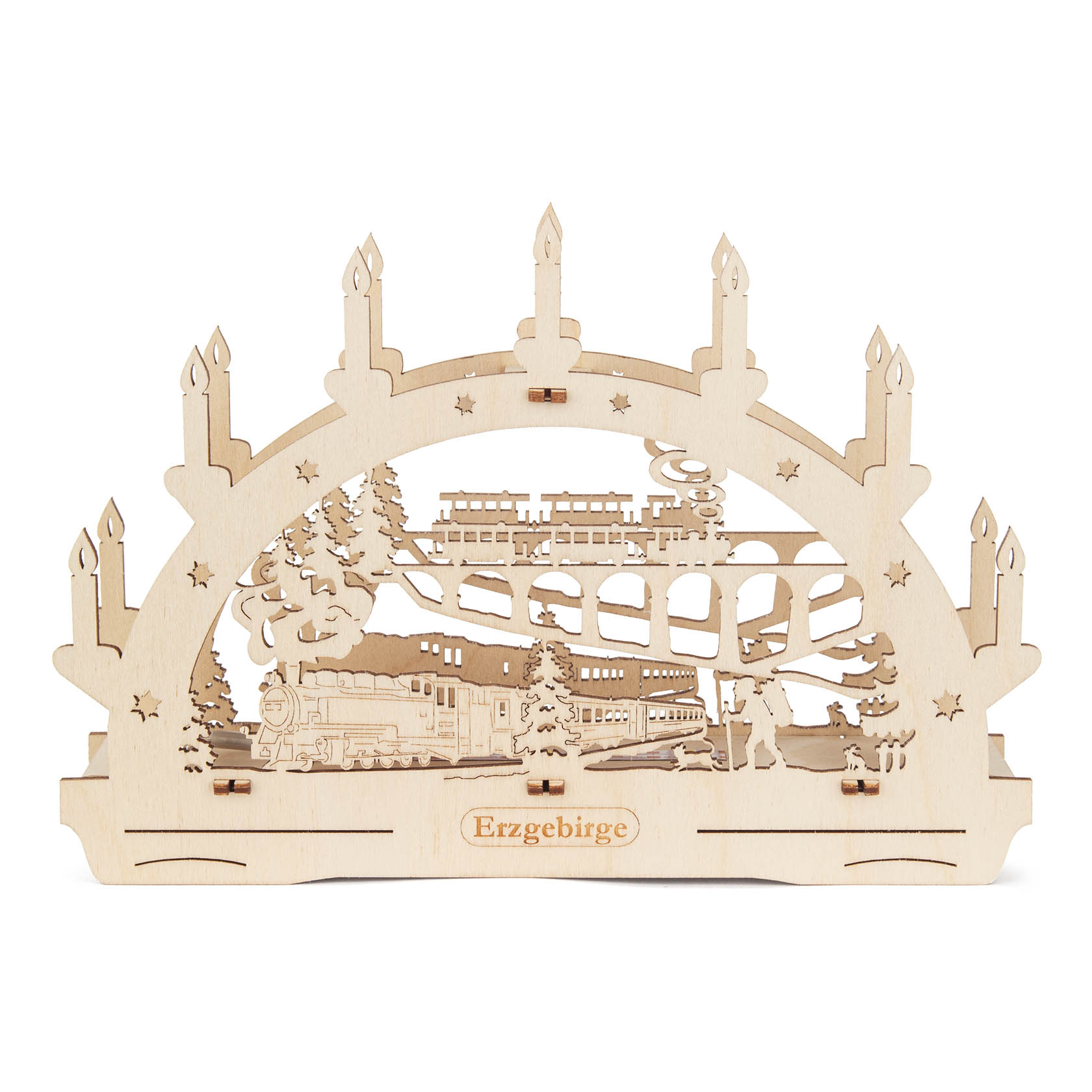 Wooden arch with LED lights depicting a train scene in a snowy landscape, featuring trees and houses, labeled 'Erzgebirge'. im Dregeno Online Shop günstig kaufen