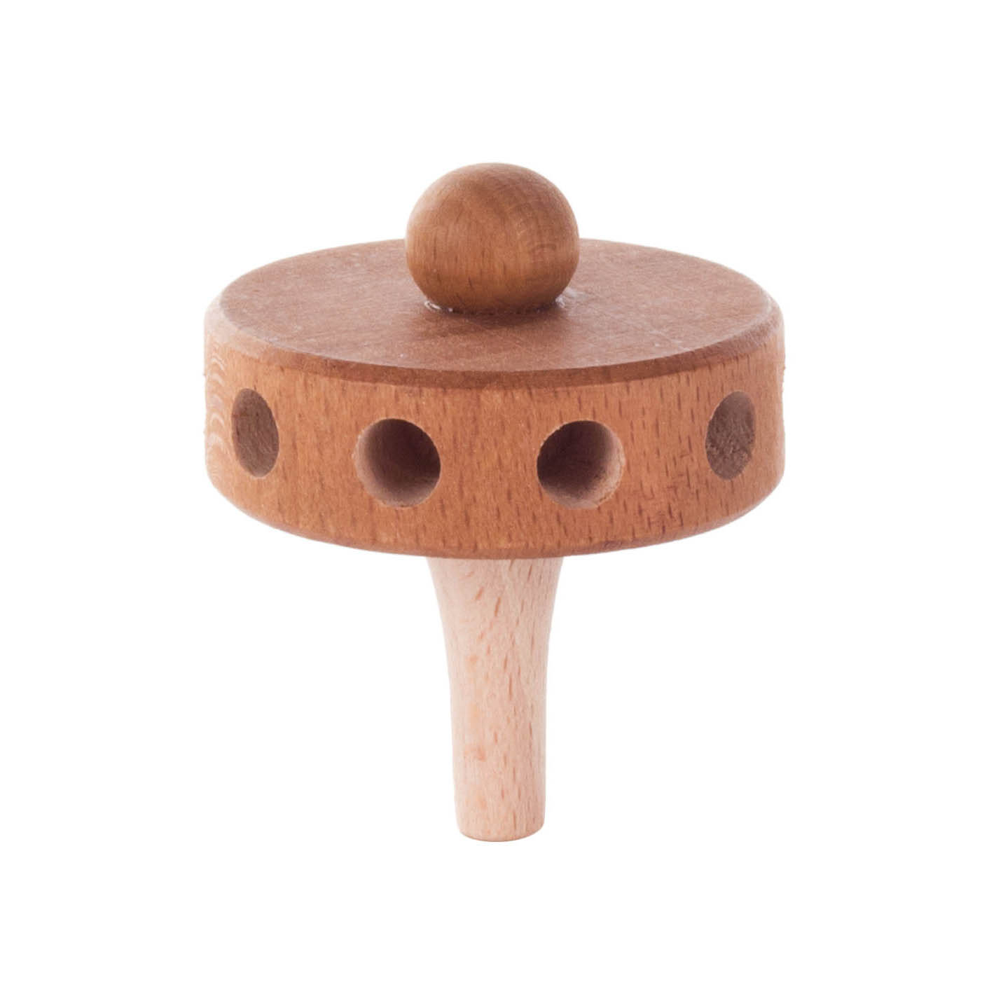 Holzflügelrad mit runden Öffnungen auf einem mittigen Stab. Der runde obere Teil hat mehrere Löcher und ist mit einer kleinen Holzperle abgeschlossen.