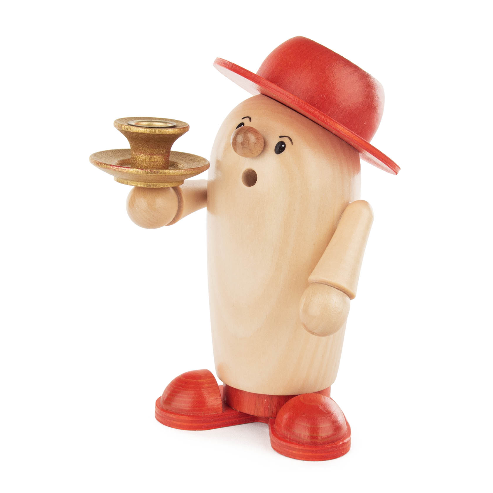Räucherfigur Rudi Candle Light aus Holz in Natur- und Rottönen, trägt einen roten Hut und Schuhe, hält einen goldenen Kerzenhalter für 14mm Wachskerzen. im Dregeno Online Shop günstig kaufen