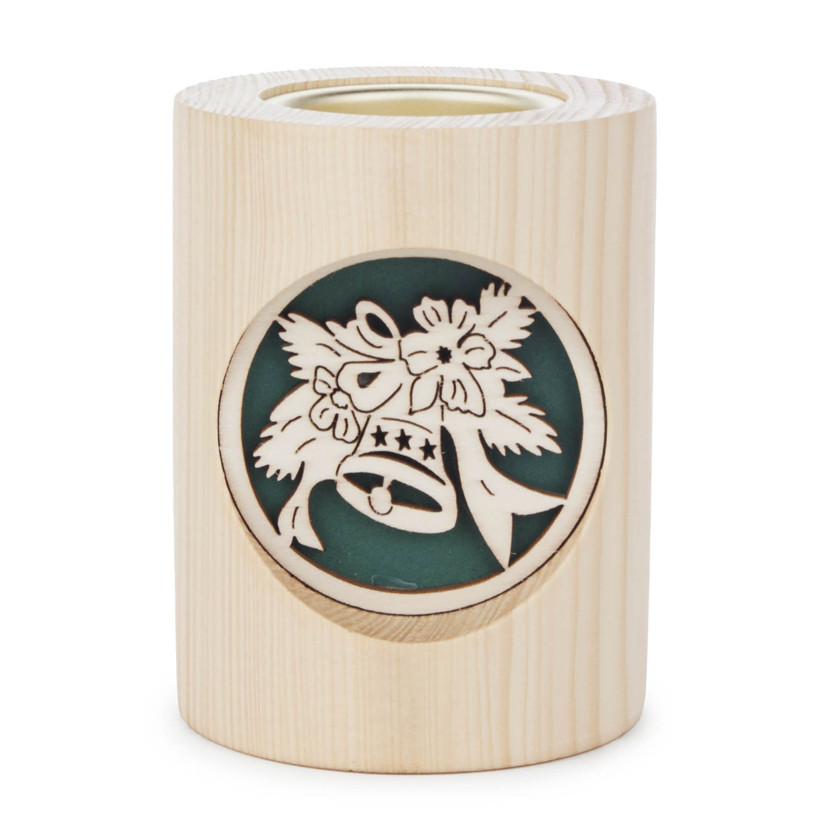 Wooden tealight holder with a carved Christmas bell and ribbon design, painted in green.