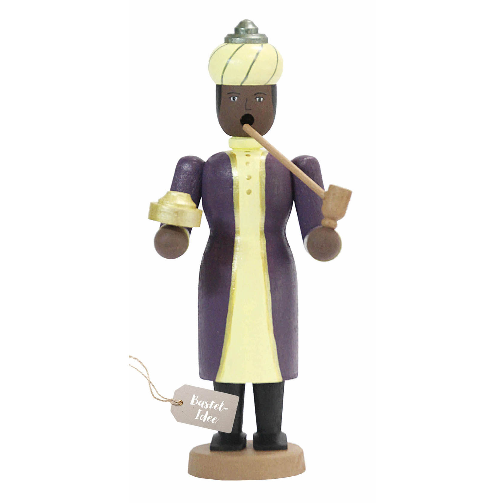 A wooden figurine of a Black man in traditional attire with a turban and long robe, holding a pipe and a golden gift in each hand, on a small round base. im Dregeno Online Shop günstig kaufen