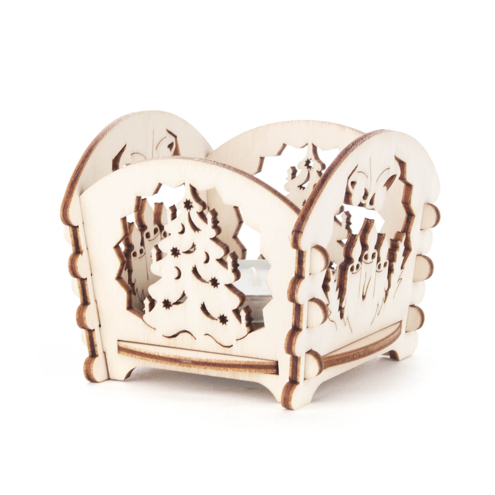 A wooden tealight holder with laser-cut Christmas tree and hanging ornaments design on its sides.