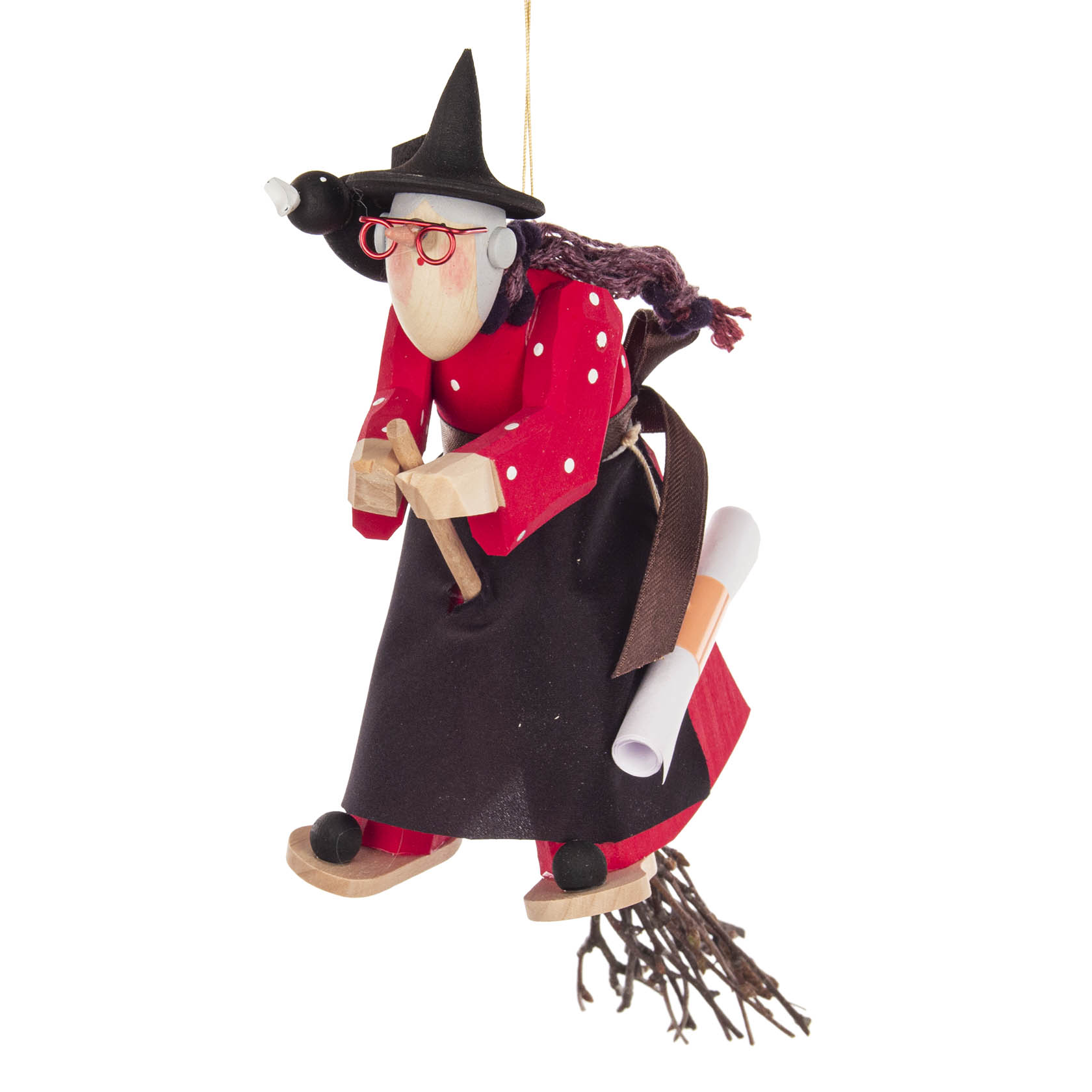 Carved wooden witch figurine wearing a red dress and black hat, holding a broom and accompanied by a raven, designed for hanging.