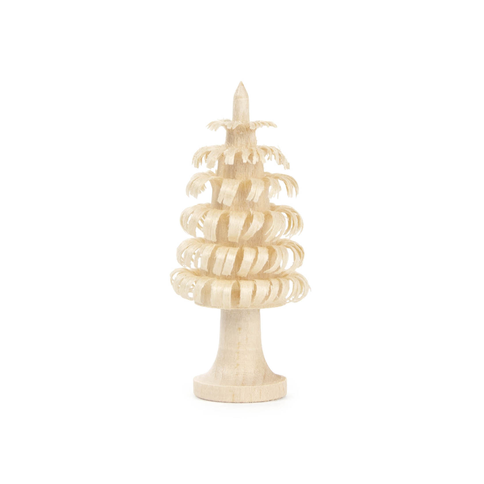 A small natural wooden tree with concentric rings, standing 5 cm tall. The tree features a carved trunk and layered branches in a spiral design. im Dregeno Online Shop günstig kaufen