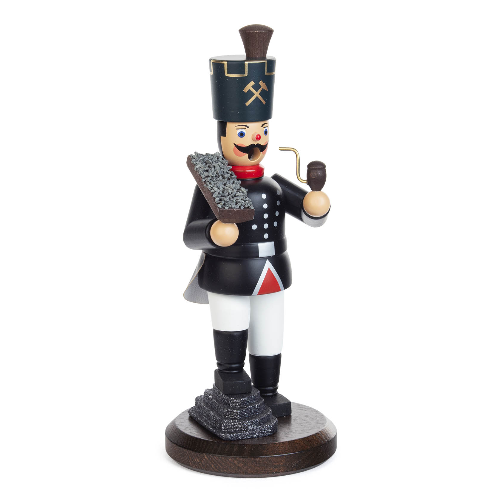 Ein traditioneller Räuchermann in Form eines Bergmanns mit schwarzer Uniform, schwarzem Hut und einer Erzschale sowie einer Pfeife in der Hand.