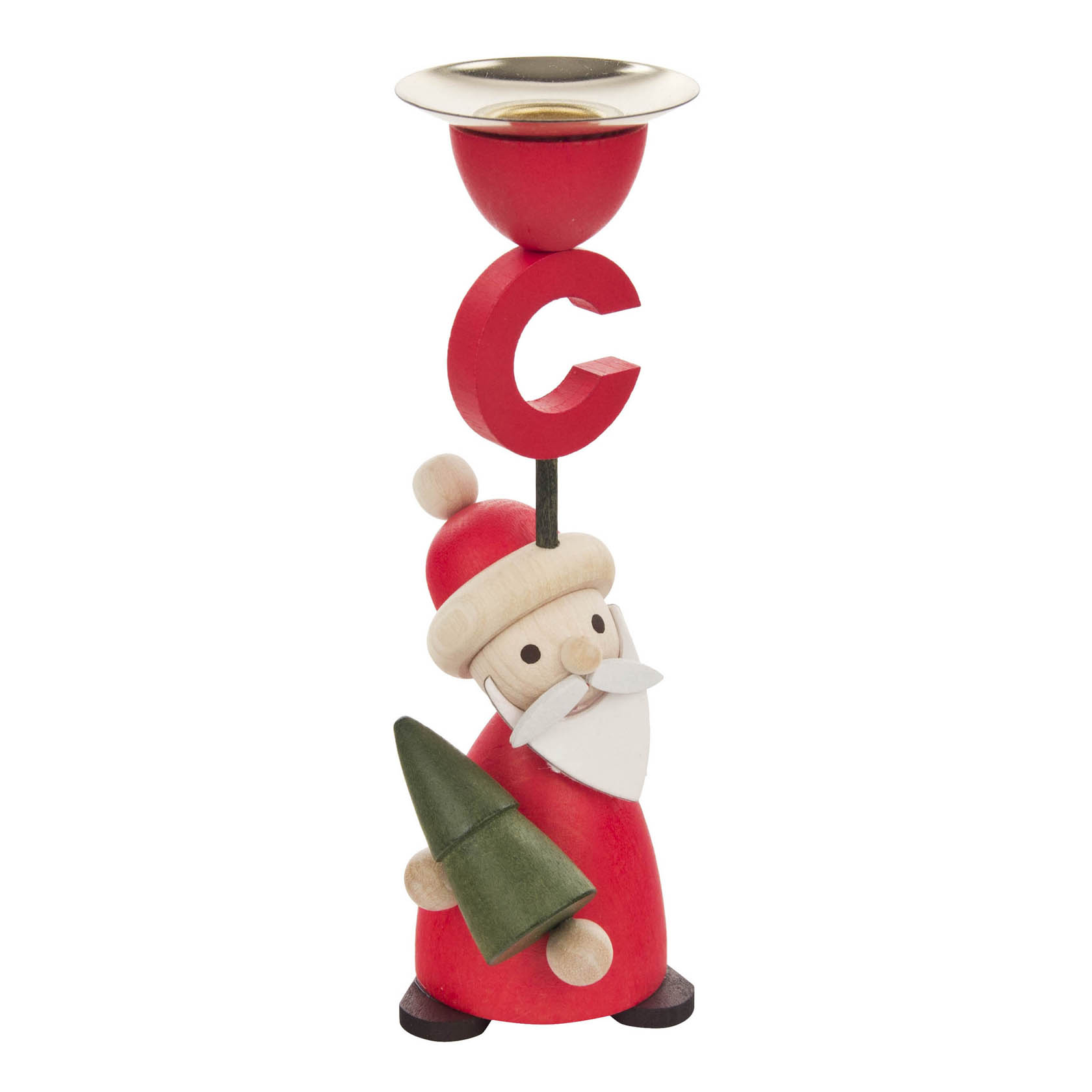 Holz-Kerzenhalter in Form eines Weihnachtsmanns mit rotem Mantel und grünem Tannenbaum, der eine Kerze in einem roten Kerzenteller hält. im Dregeno Online Shop günstig kaufen