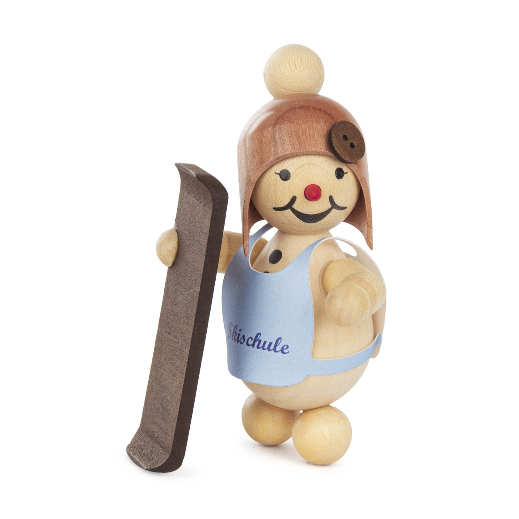 Holzfigur eines Schneemädchens, das einen Skihebel in der Hand hält und eine blaue Skischule-Schürze trägt. im Dregeno Online Shop günstig kaufen