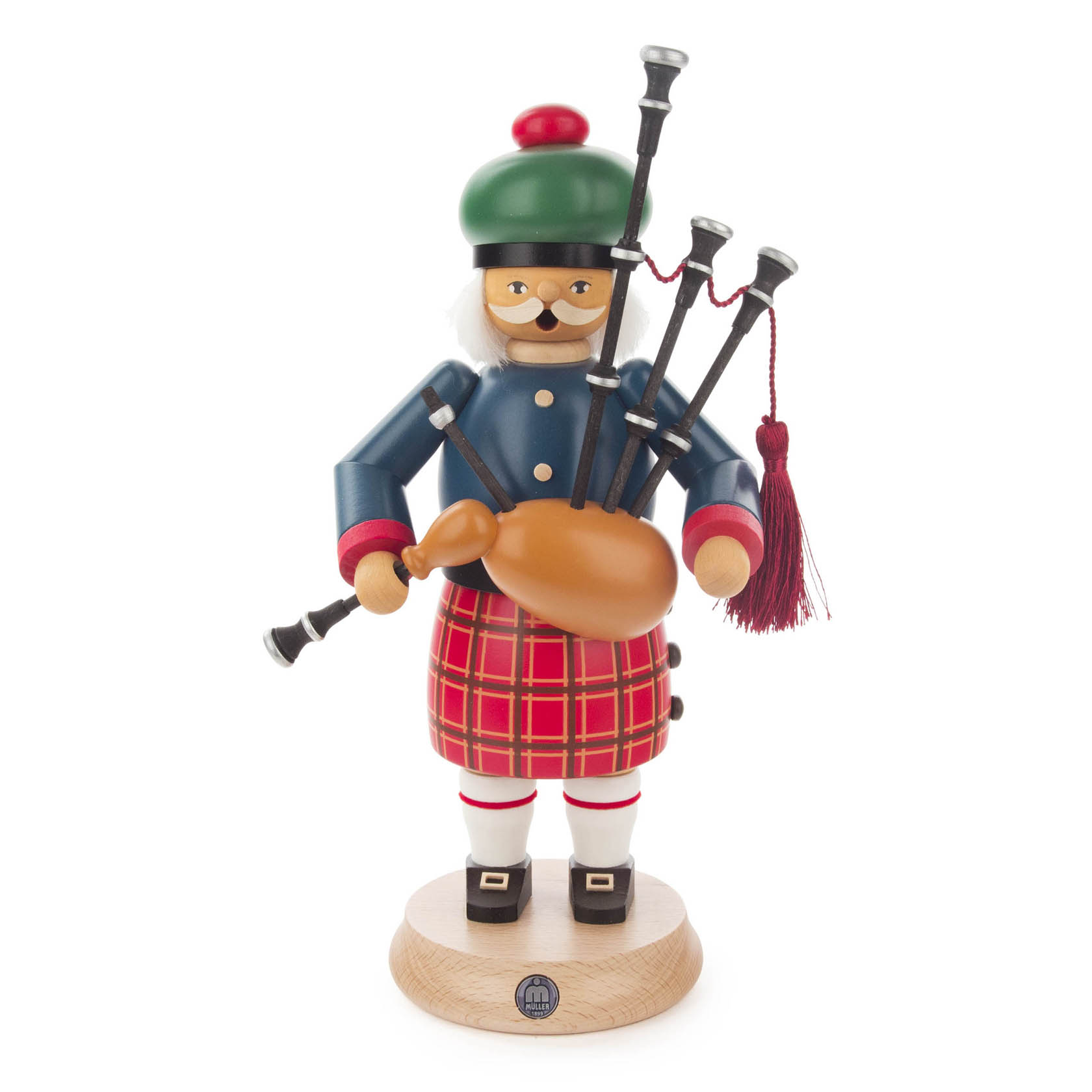 Wooden smoking figure of a Scottish man in a kilt playing the bagpipes, with a green hat and glasses. im Dregeno Online Shop günstig kaufen