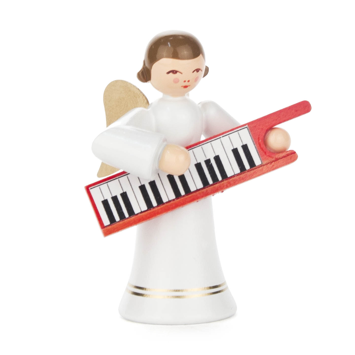 Kleiner Engel mit braunem Haar und goldenen Flügeln spielt ein rotes Keyboard, trägt ein langes weißes Kleid mit goldenen Streifen. im Dregeno Online Shop günstig kaufen
