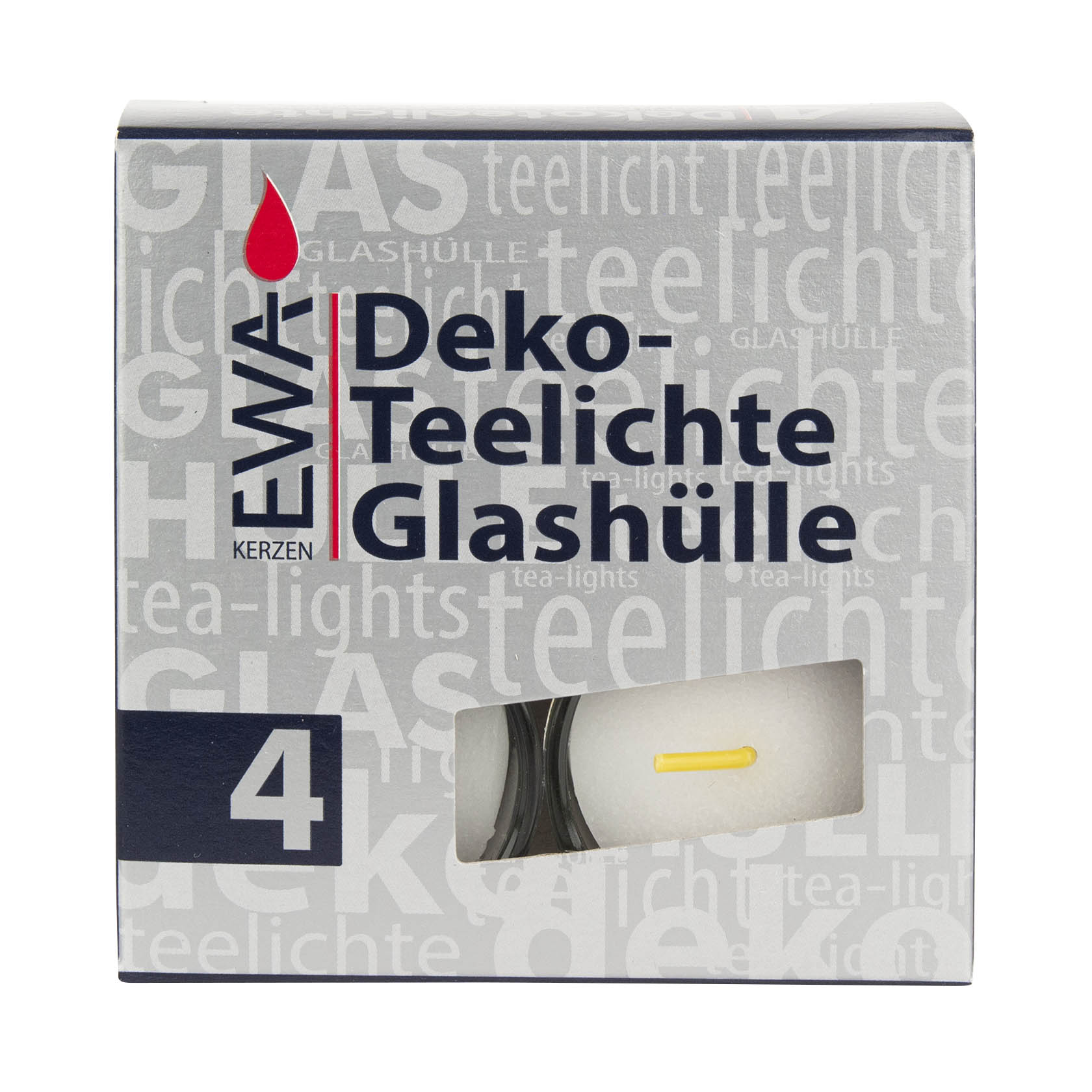 Verpackung von Deko-Teelichten mit Glashülle, Markenaufdruck EWA Kerzen, Zahl 4, teilweise sichtbare Teelichter. im Dregeno Online Shop günstig kaufen