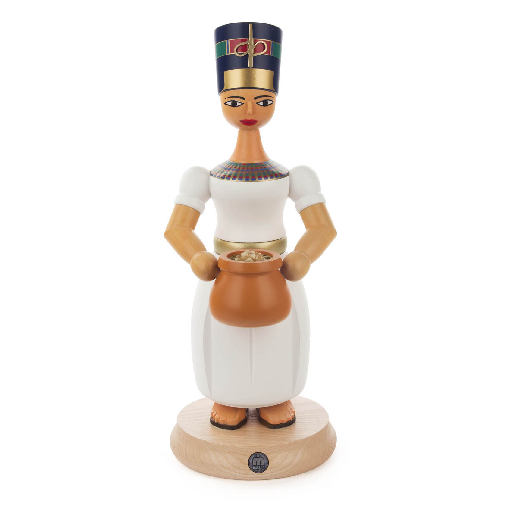 A handcrafted wooden incense holder figurine of Nefertiti, dressed in traditional Egyptian attire with a headdress, holding a pot on a wooden base. im Dregeno Online Shop günstig kaufen