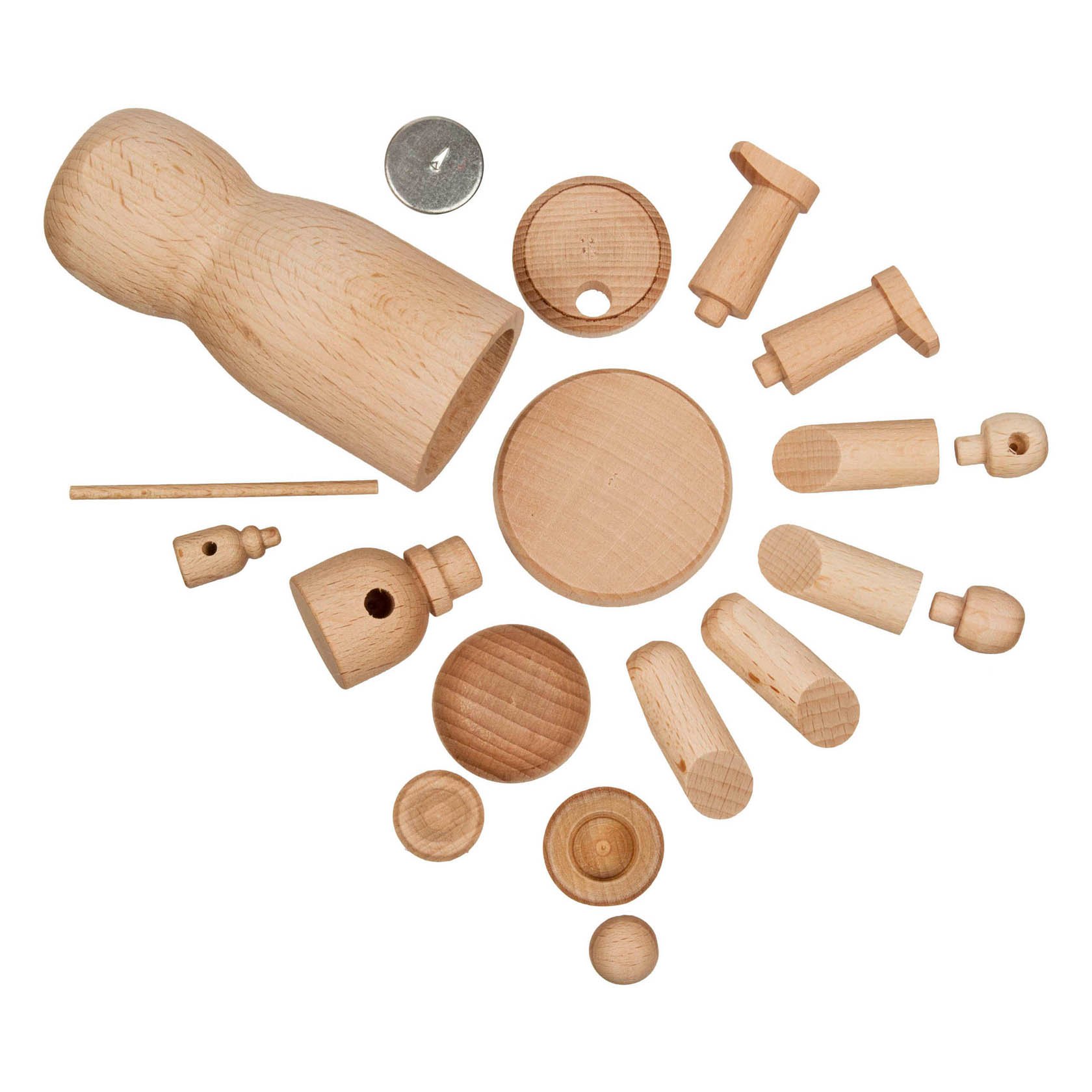 DIY incense smoker woodworking kit with wooden components arranged in a circle. Includes body, headpieces, arms, legs, a base, and a small incense holder.