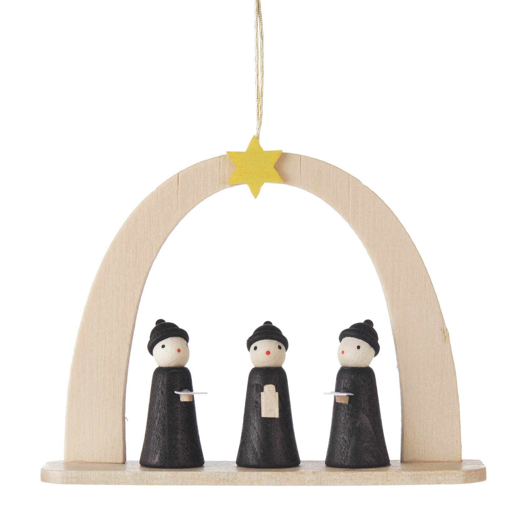 Three wooden choir figurines with black robes, standing under an arch with a yellow star, designed as a Christmas ornament. im Dregeno Online Shop günstig kaufen