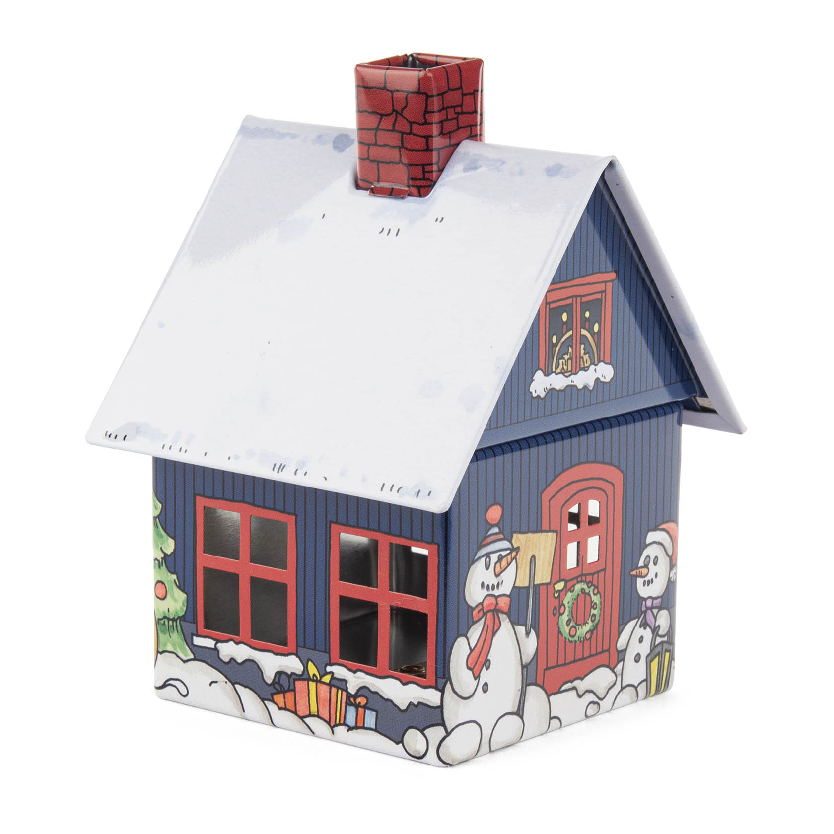 Ein blaues, metallisches Räucherhäuschen mit rotem Backsteinkamin, verziert mit zwei Schneemännern und einem grünen Weihnachtsbaum, alle unter einer Schneedecke. im Dregeno Online Shop günstig kaufen