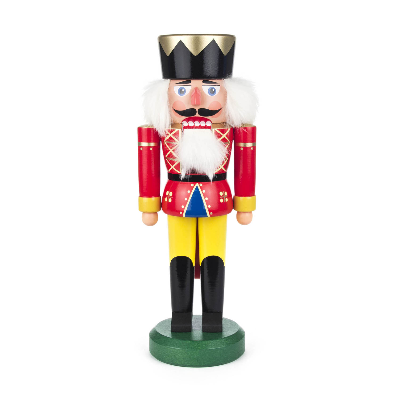 Red and yellow nutcracker king with a black crown, 35cm tall, featuring a white beard and mustache.
