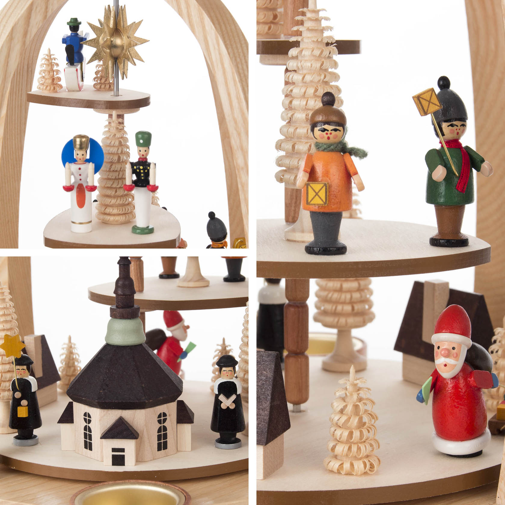Seiffen Christmas pyramid with a tiered design for tea lights, featuring figures like nutcrackers, a choir boy, carolers, and Santa Claus.