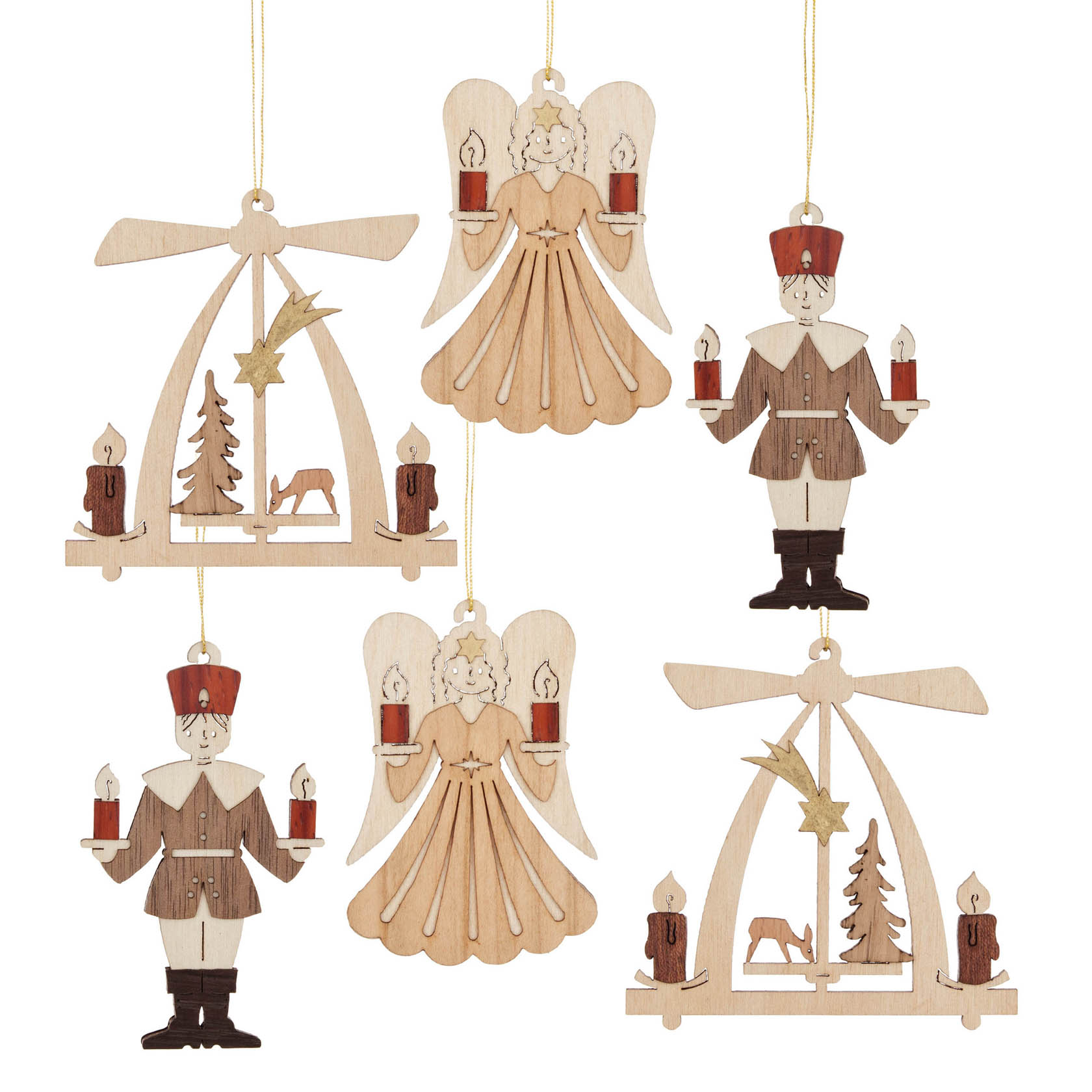Fünf hölzerne Weihnachtsschmuck-Anhänger: zwei Engel, zwei Pyramiden mit Bäumen und Reh sowie ein Bergmann, alle mit Kerzen verziert. im Dregeno Online Shop günstig kaufen
