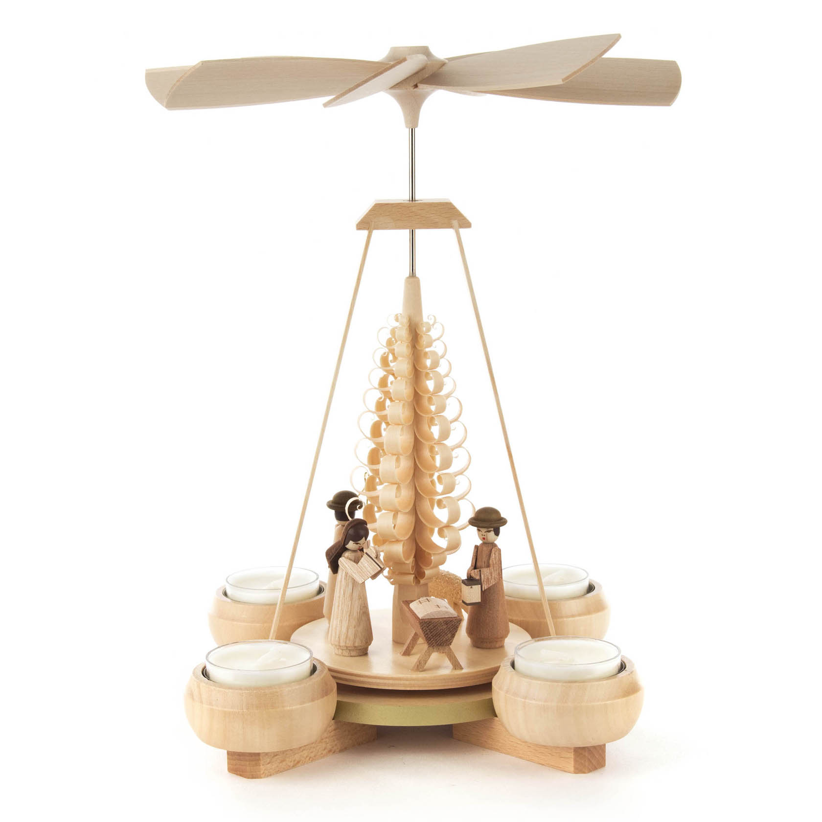 Wooden Christmas pyramid with nativity scene, featuring Mary, Joseph, and baby Jesus. It has a propeller on top and holders for tealights at the base. im Dregeno Online Shop günstig kaufen