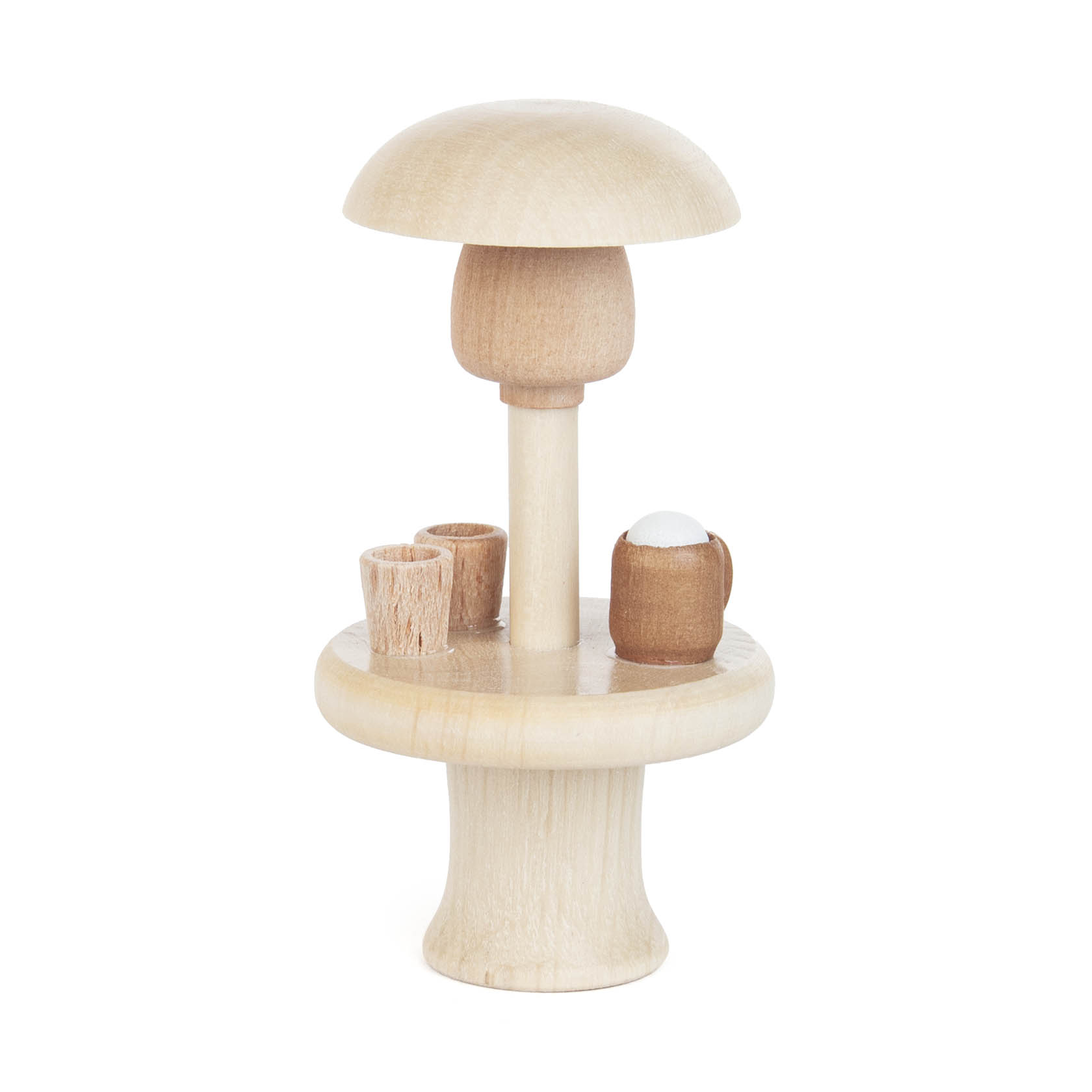 Miniatur-Holzmodell eines Stehtisches mit rundem Tisch und integriertem Heizstrahler, darauf stehen zwei kleine Becher und ein Krug. im Dregeno Online Shop günstig kaufen