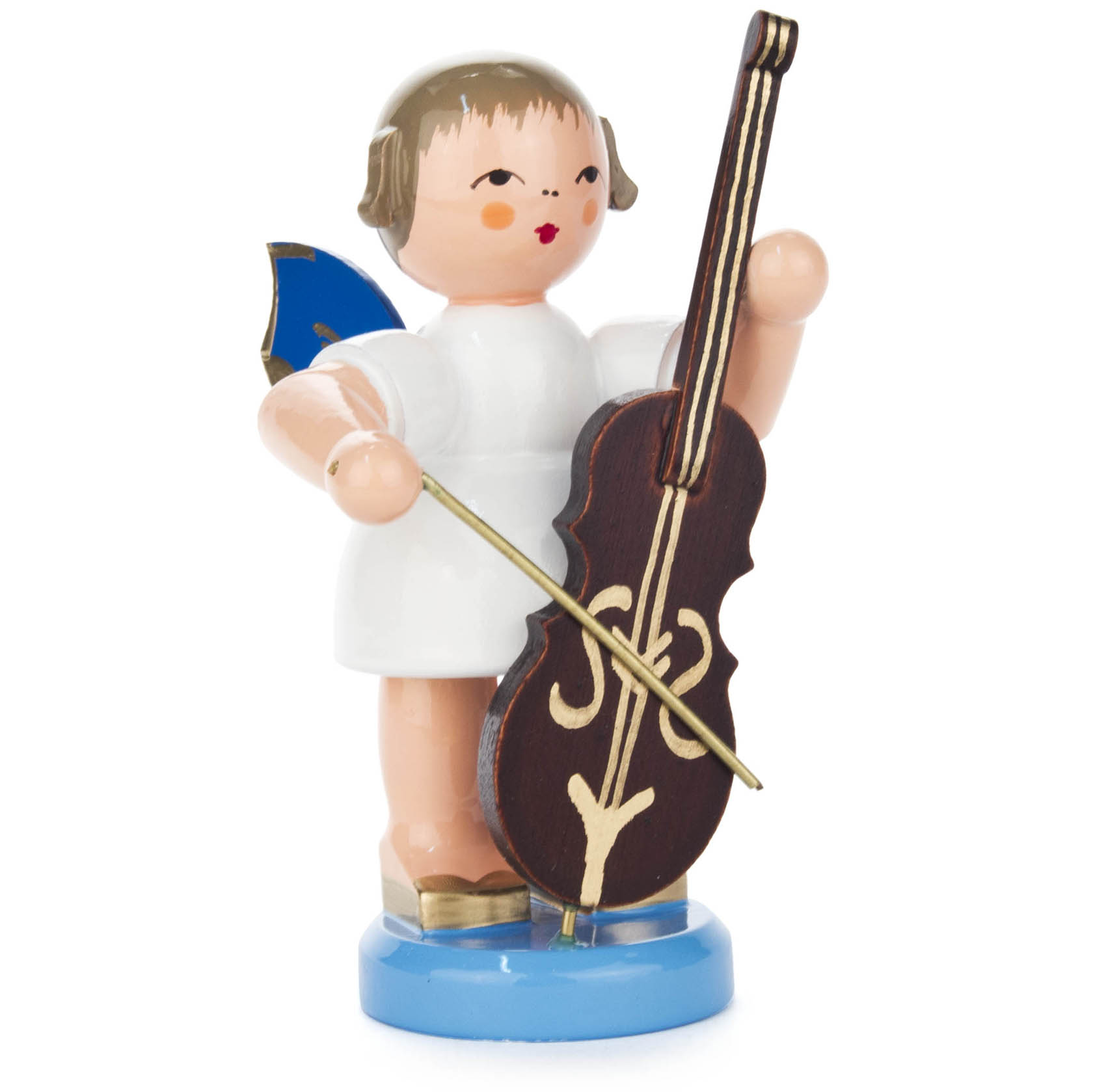 A wooden angel figurine with short hair, wearing a white dress, holding a cello. The angel has blue wings and stands on a blue base.