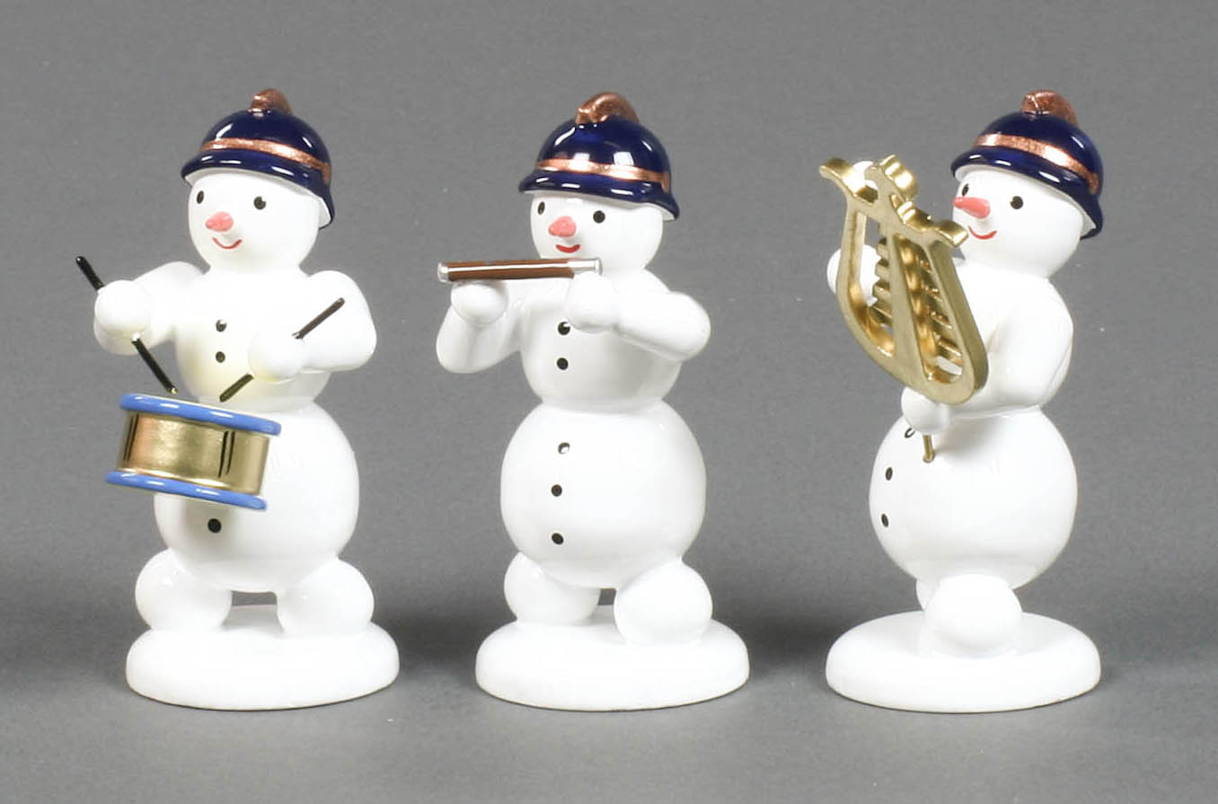 Schneemanntrio Feuerwehrmänner Lyraglockenspiel/Trommel/Pikkoloflöte 
