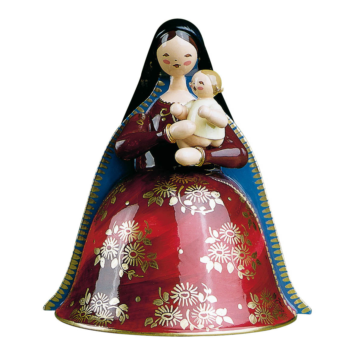 Eine bemalte Holzfigur einer Madonna, die das Christkind in ihren Armen hält. Die Figur ist reich verziert mit floralen Mustern in Gold auf einem roten Kleid. im Dregeno Online Shop günstig kaufen