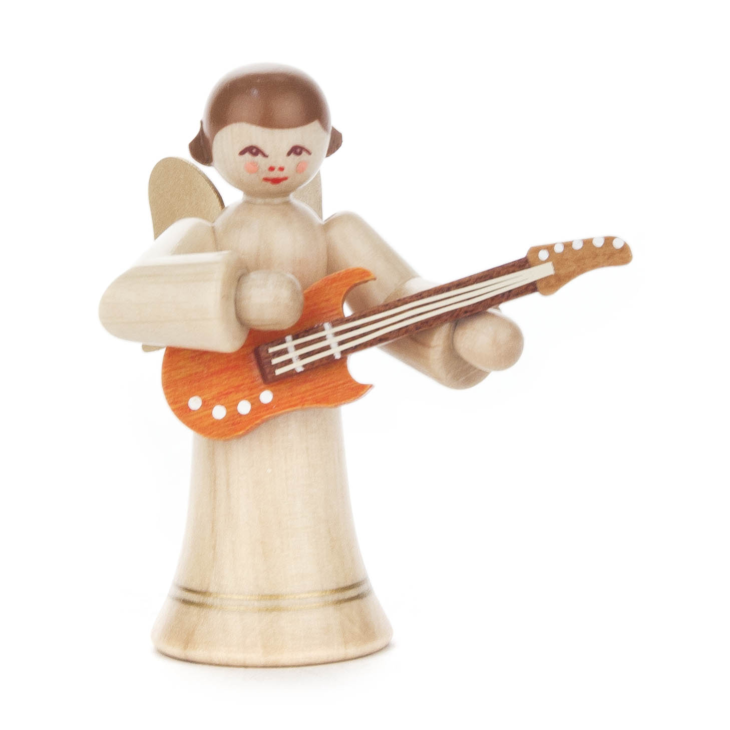 Holzfigur eines Engels mit braunem Haar, einem langen, naturfarbenen Rock und einer E-Gitarre in den Armen. im Dregeno Online Shop günstig kaufen