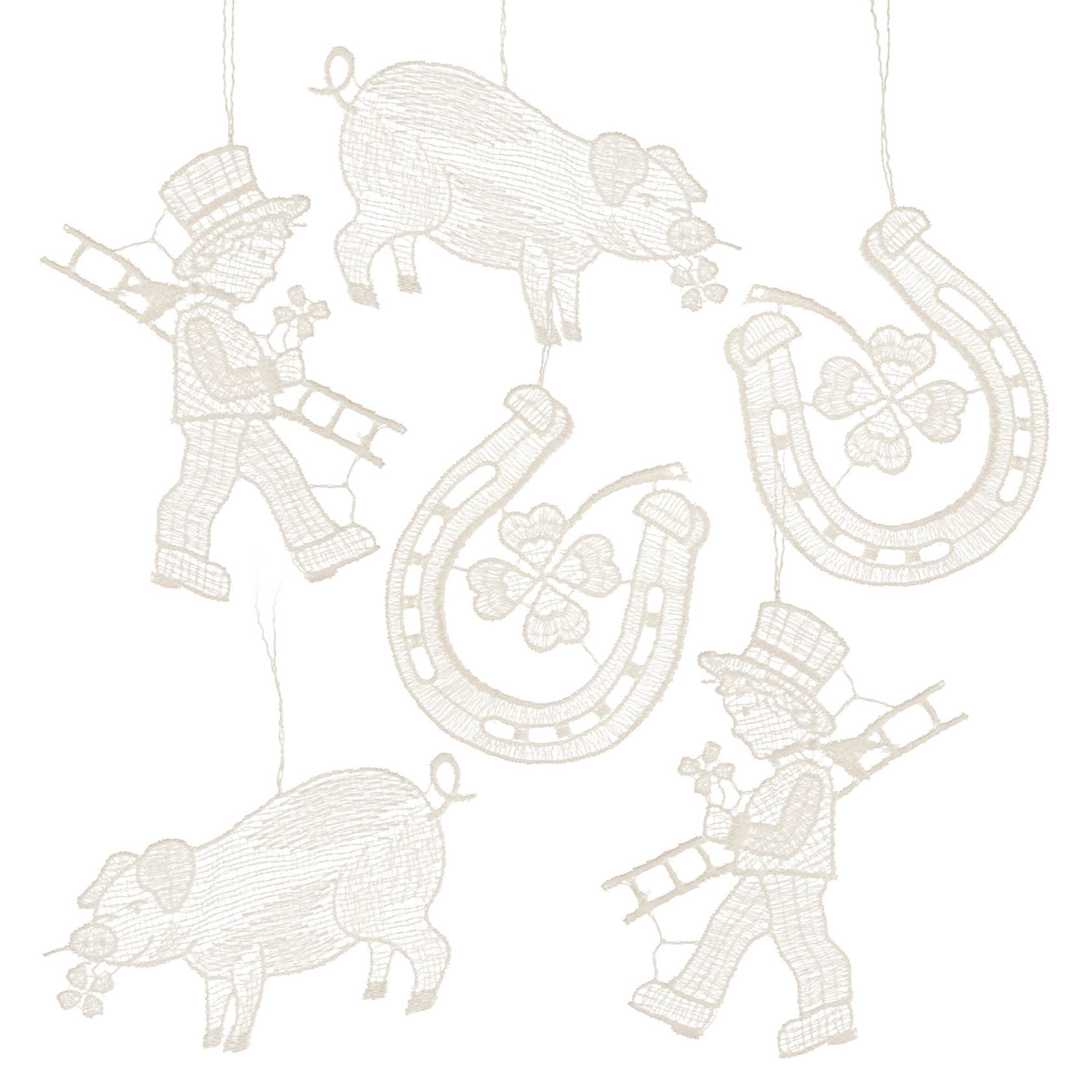 Image of decorative elements including pigs with four-leaf clovers, horseshoes, and figures of men with ladders, all designed as good luck symbols.