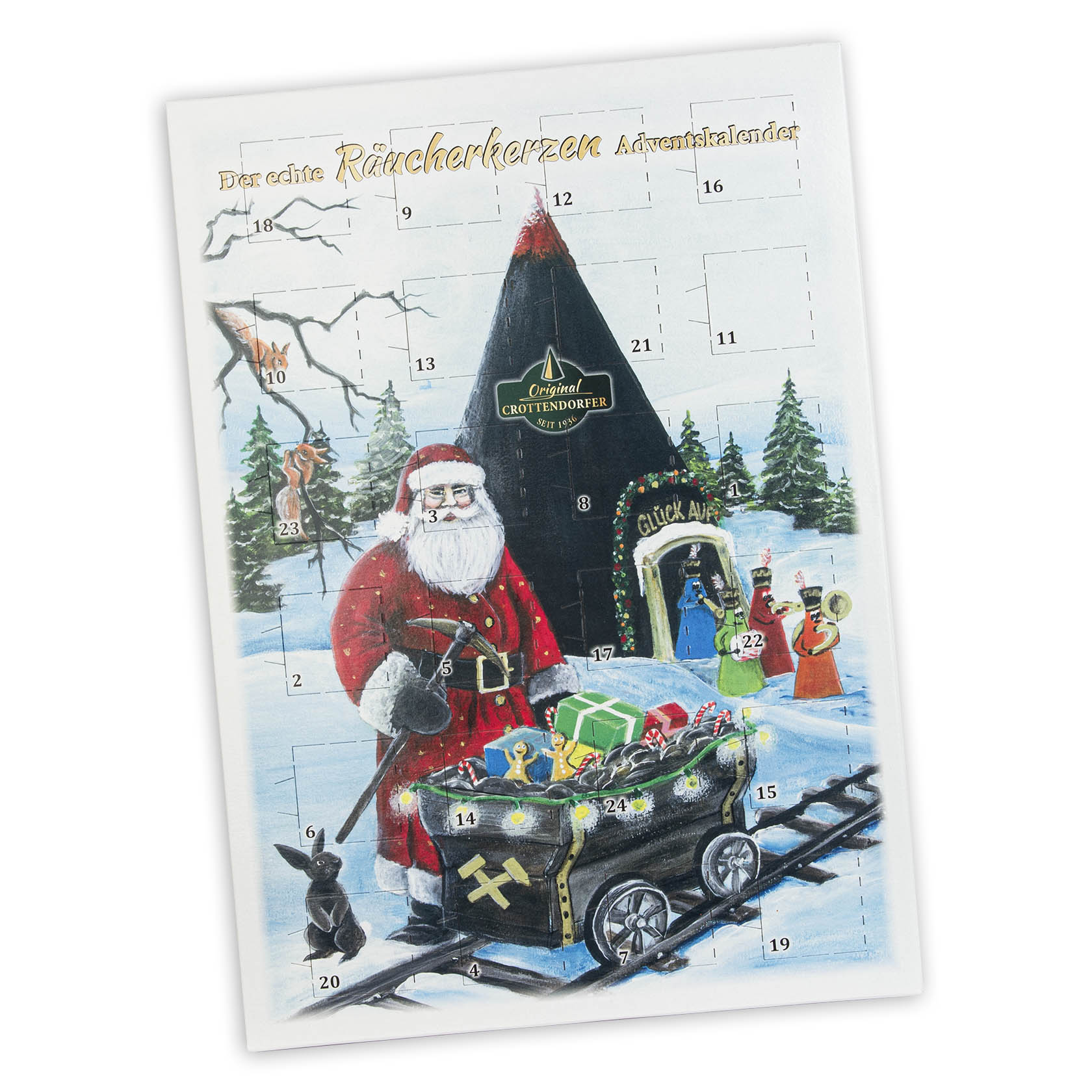 Adventskalender mit Santa Claus, gefülltem Schlitten, einer schwarzen Katze und verschneiter Landschaft. im Dregeno Online Shop günstig kaufen