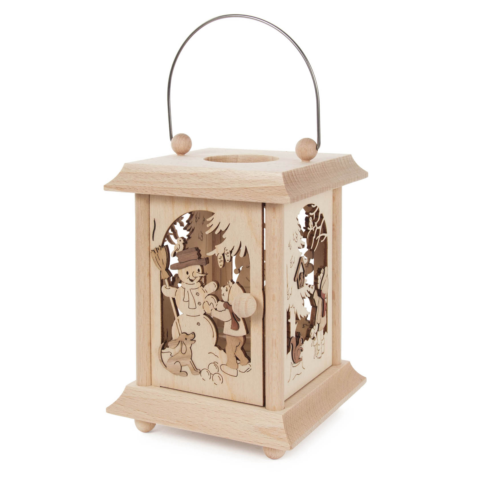 A wooden lantern depicting winter scenes with children and snowmen, featuring a glass holder for a tealight or votive candle.