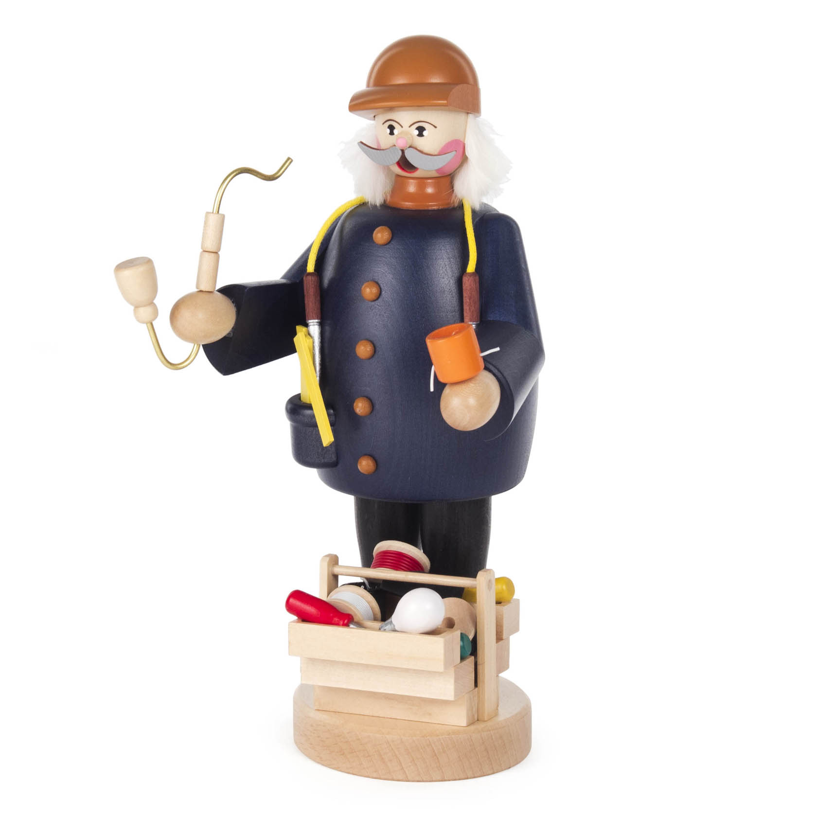 A wooden incense smoker figurine designed as an electrician, wearing a blue coat and orange hat, holding a pipe and standing beside a toolbox. im Dregeno Online Shop günstig kaufen