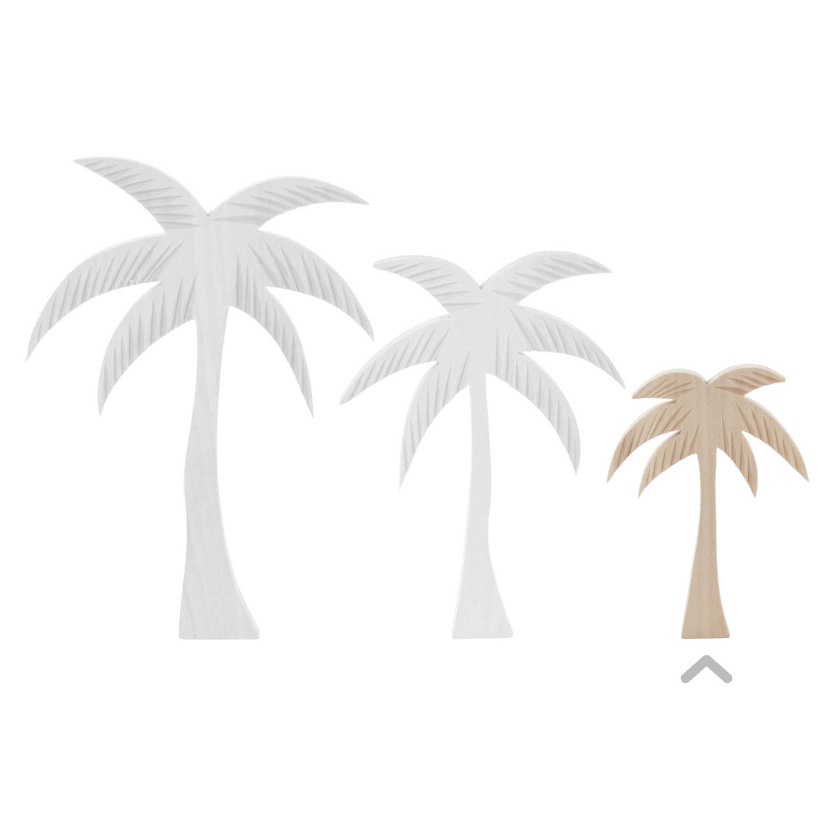 Three carved palm tree figures, two white and one natural wood color, with the height of approximately 85mm.