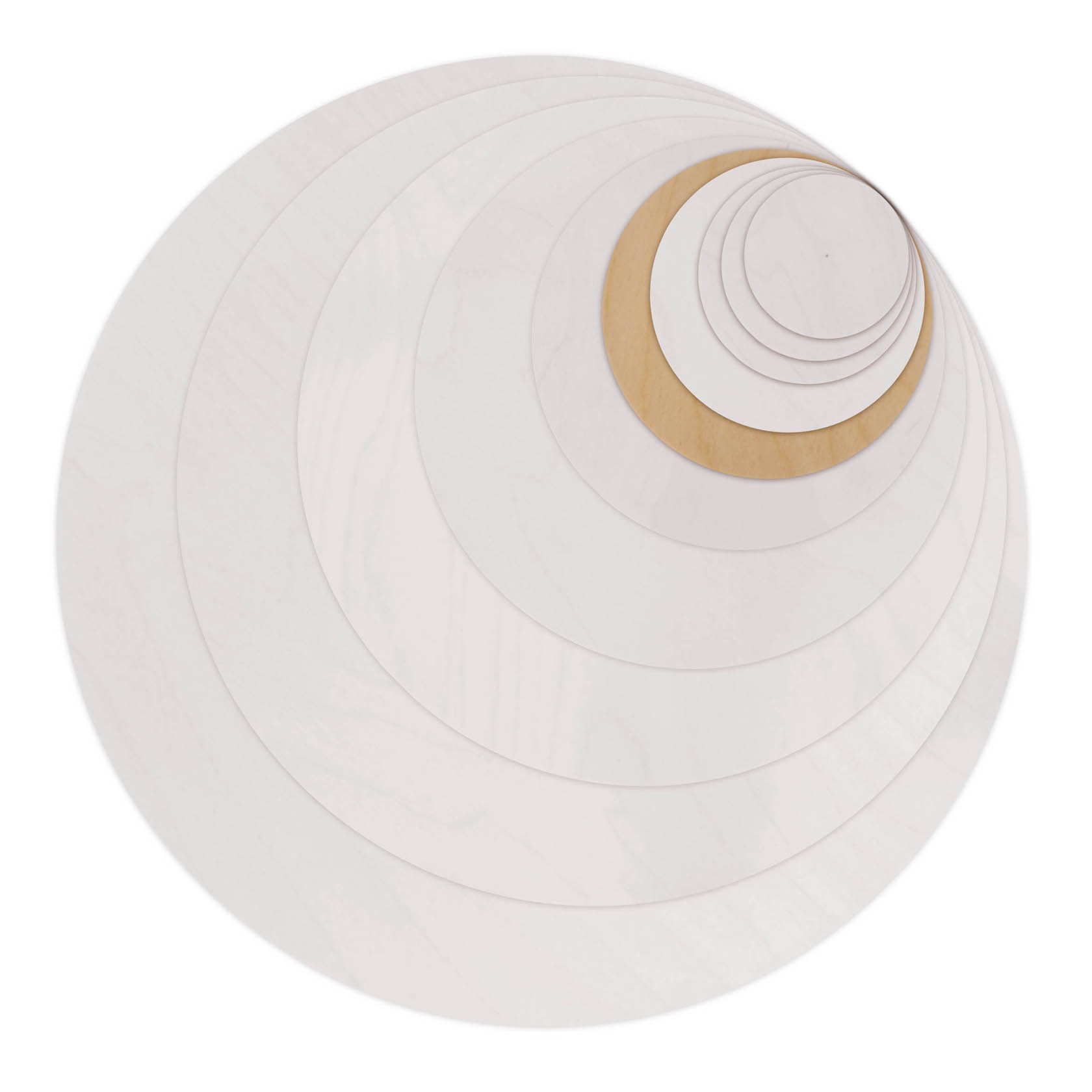 Several concentric circular wooden plates stacked, reducing in size towards the center.