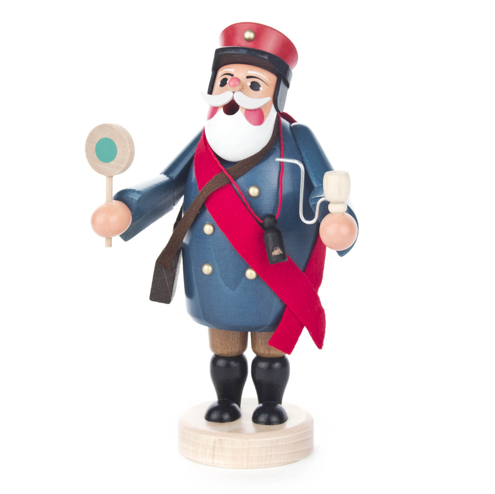Holzfigur eines Bahnhofsvorstehers, bekannt als Räuchermann, mit roter Mütze und Kelle in der Hand. im Dregeno Online Shop günstig kaufen
