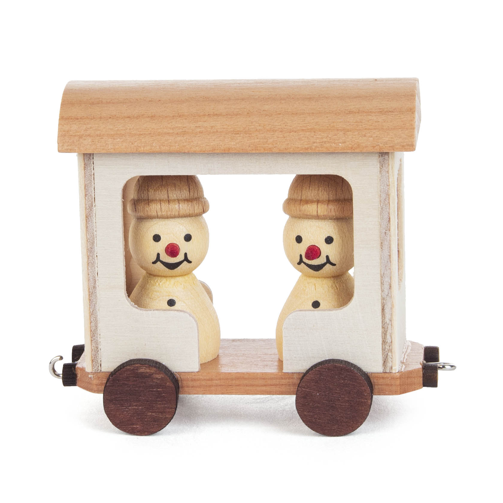 Ein kleiner Holz-Waggon mit zwei Schneemannfiguren im Inneren, bemalt mit roten Nasen und schwarzen Augen, die lächeln. im Dregeno Online Shop günstig kaufen
